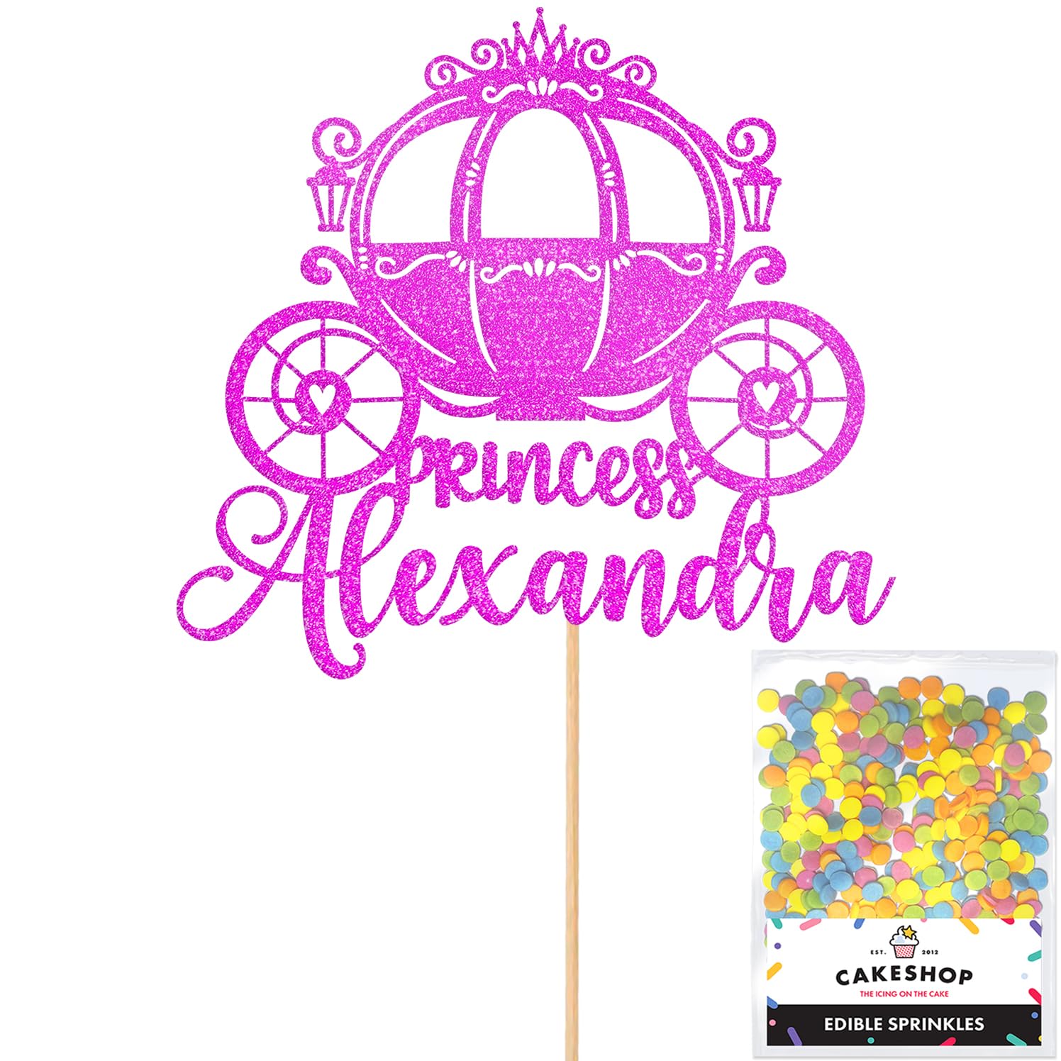 Personalised Princess Carriage Glitter Cake Topper- Pink Any Custom Name Glitter Cake Decoration and Sprinkles - Happy Birthday Decorations - Personalised Toppers for Cakes by Cakeshop