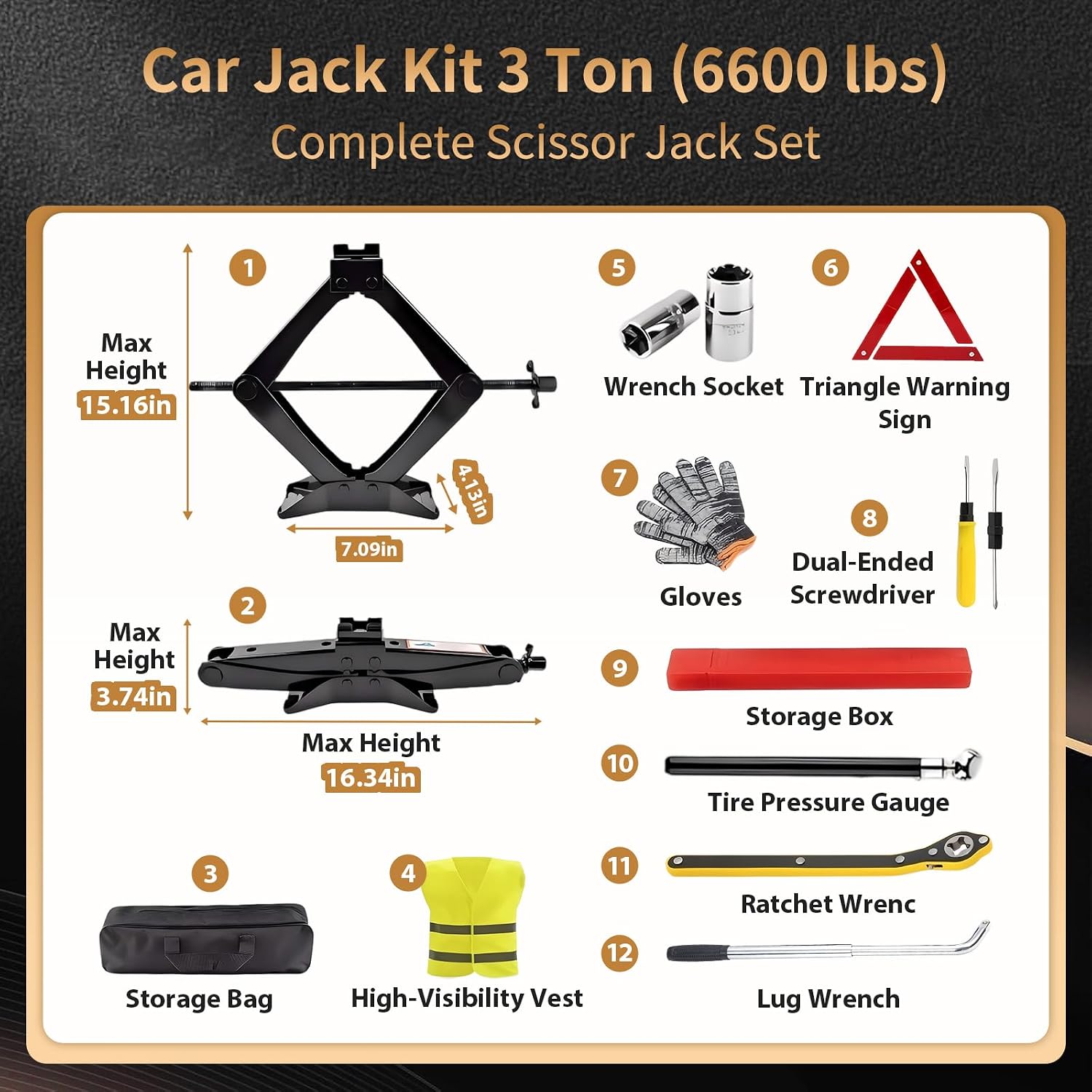 3-Ton Scissor Jack Kit, 6614 lbs Capacity, High Strength Steel, with Ratchet Wrench, Safety Vest, Gloves and Warning Triangle