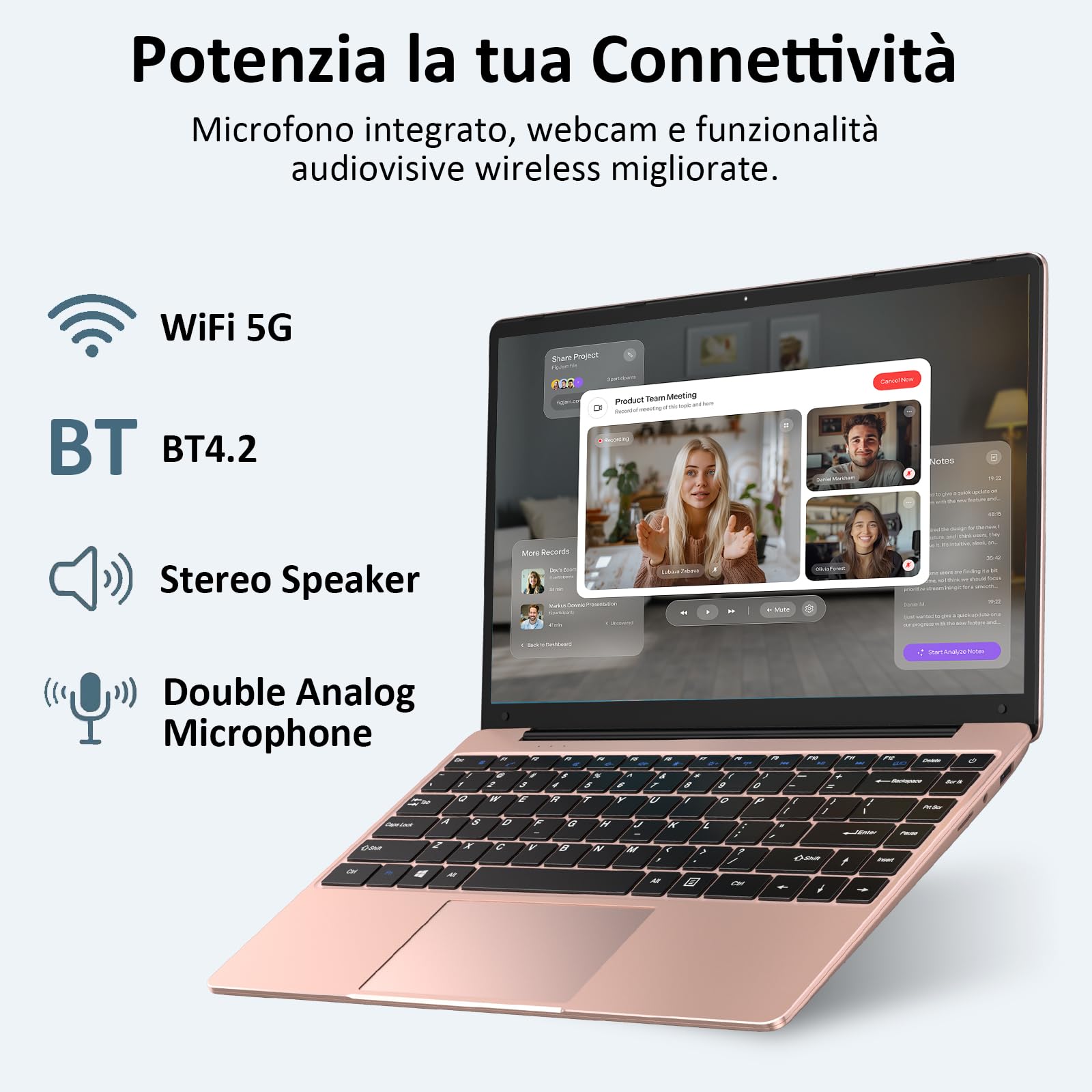 bvate PC Portatile 14 pollici Notebook Win 11 upto 2.8 GHz 256 GB ROM Supporta l'espansione SSD 1TB Celeron N4020 2.4G+5G WiFi 4.2 USB HDMI Tastiera italiana membrana mouse senza fili-Gold