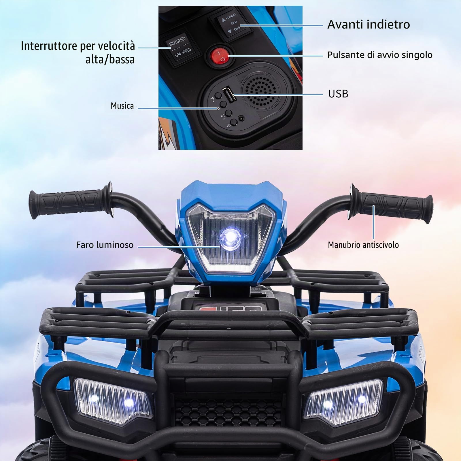Quad elettrico per bambini 12 V 500 MA, auto elettrica per bambini 4-6 anni con fari e musica, MP3, USB, scheda TF, doppio azionamento 30 W*2, 83,5 x 53 x 30,3 cm