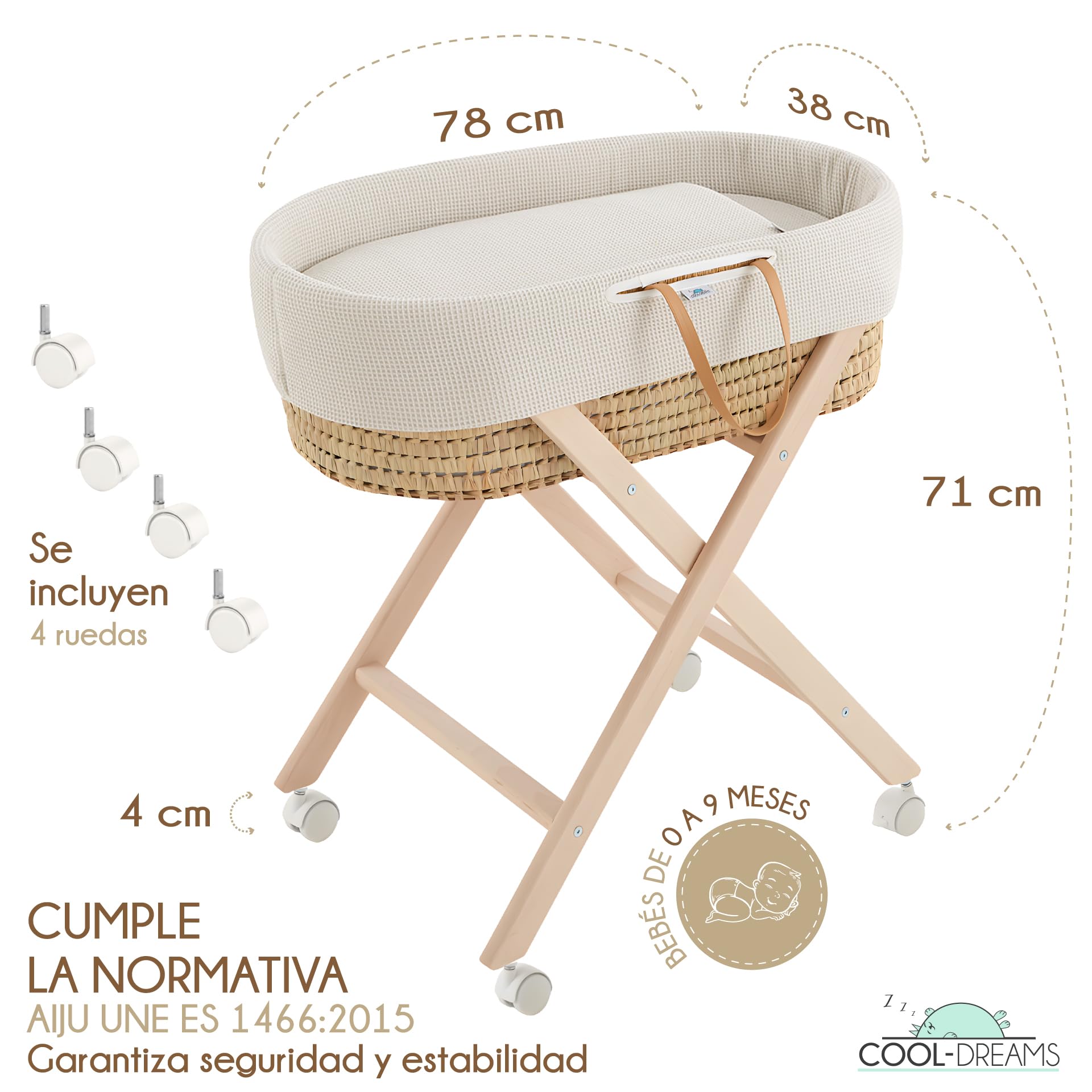 Moisés para bebé Recien Nacido, Incluye vestidura 100% algodón, colchón, Tijera Natural con Ruedas, capazo de Mimbre de Palma Natural y 2 bajeras Impermeables (Gofre Renard) CoolDreams