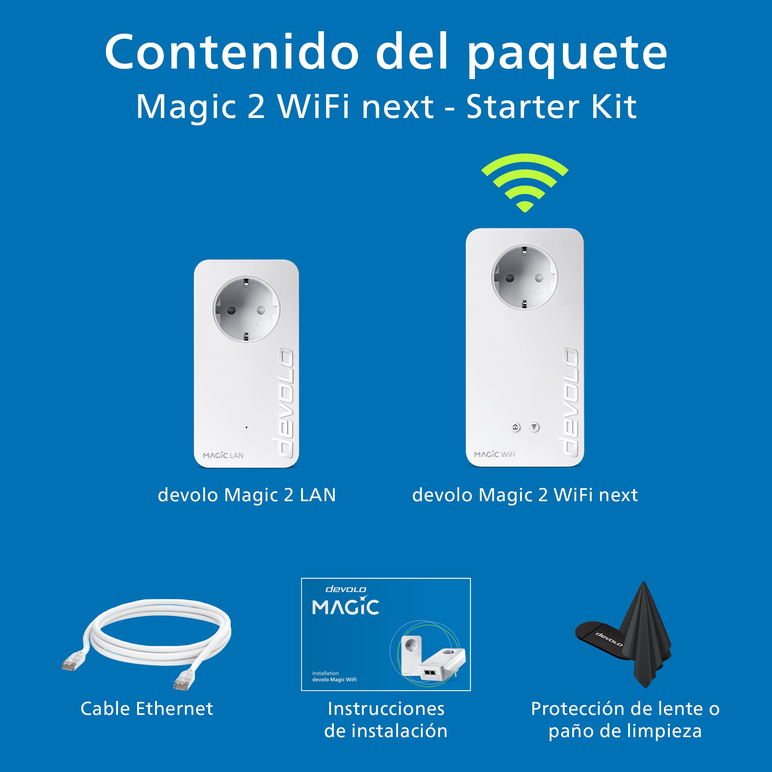 devolo Magic 2 WiFi next Starter Kit, adaptador WLAN Powerline de hasta 2400 Mbit/s, red WLAN, enchufe WLAN, 2 puertos Gigabit LAN, dLAN 2.0, color blanco