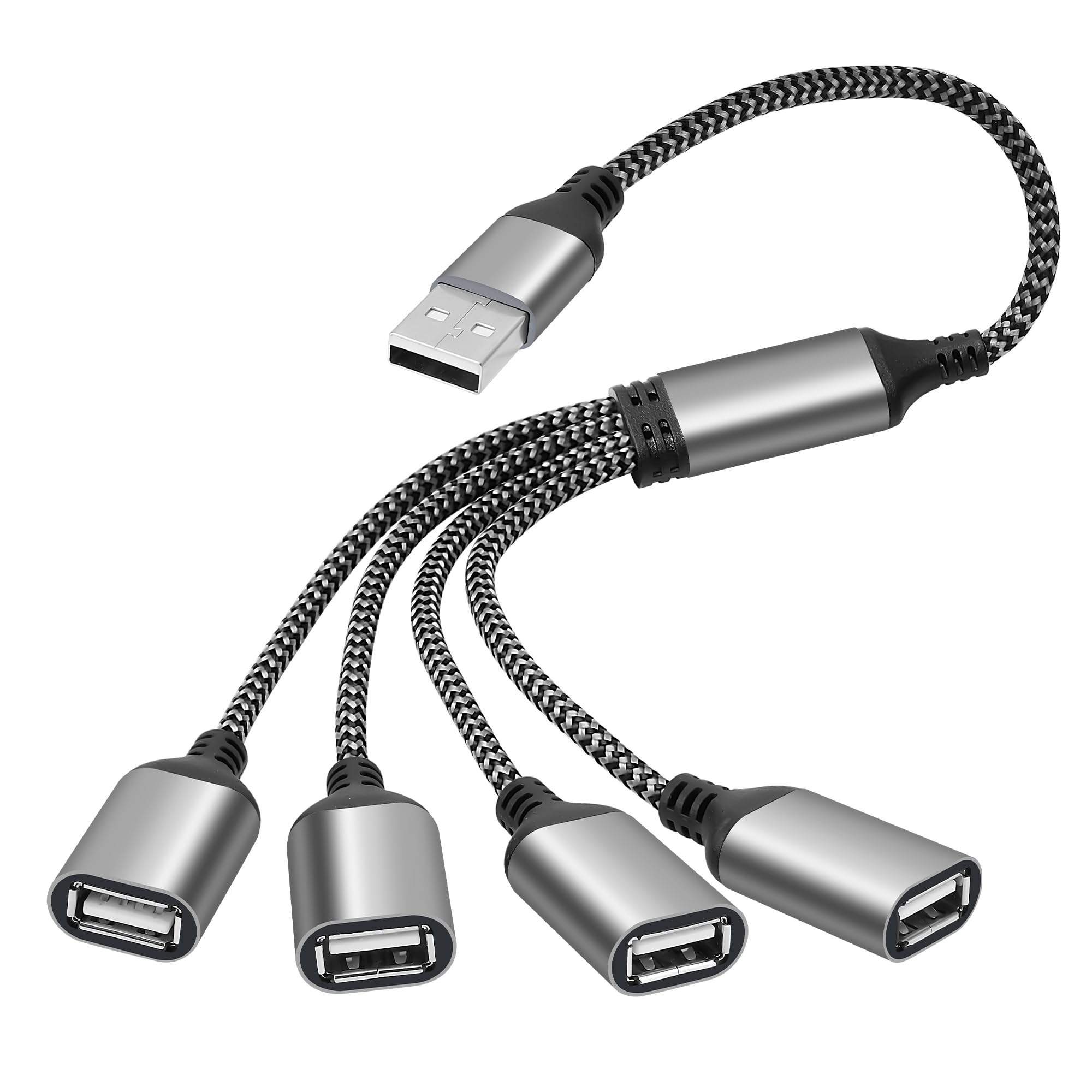USB Splitter 1-In-4 Out Y-Adapter Cable 1 Feet, USB-A Male to four 4 Female OTG Extension Cord, 4 USB Type-A Port Connector Extender Hub, Data Charger Power Split for Car, Laptop, Keyboard, Mouse, PS4