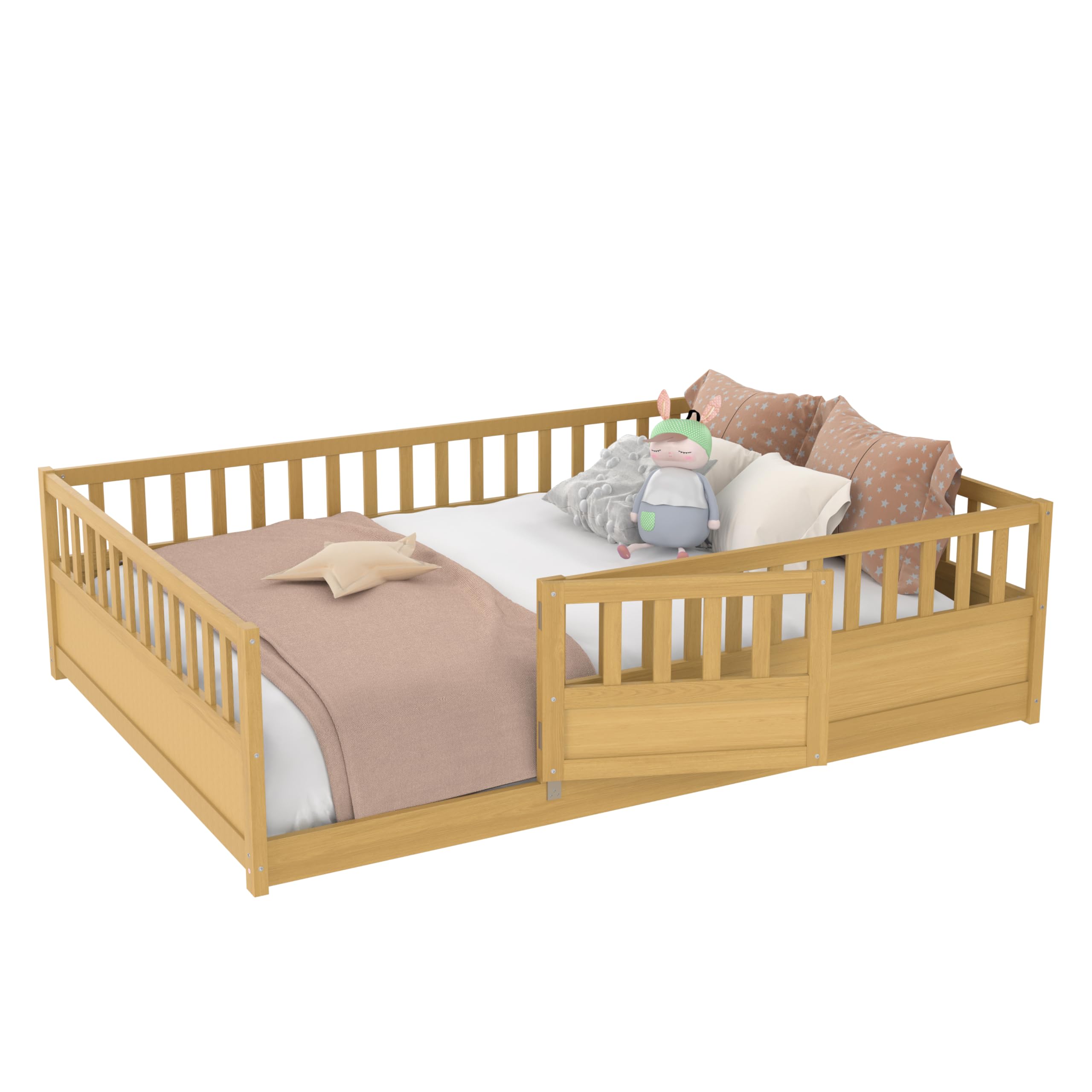 Full Floor Bed with Slats, Full Size Floor Beds with High Fence and Door, Montessori Floor Bed Frame, No Box Spring Needed, Easy Assemble Montessori Bed, Natural