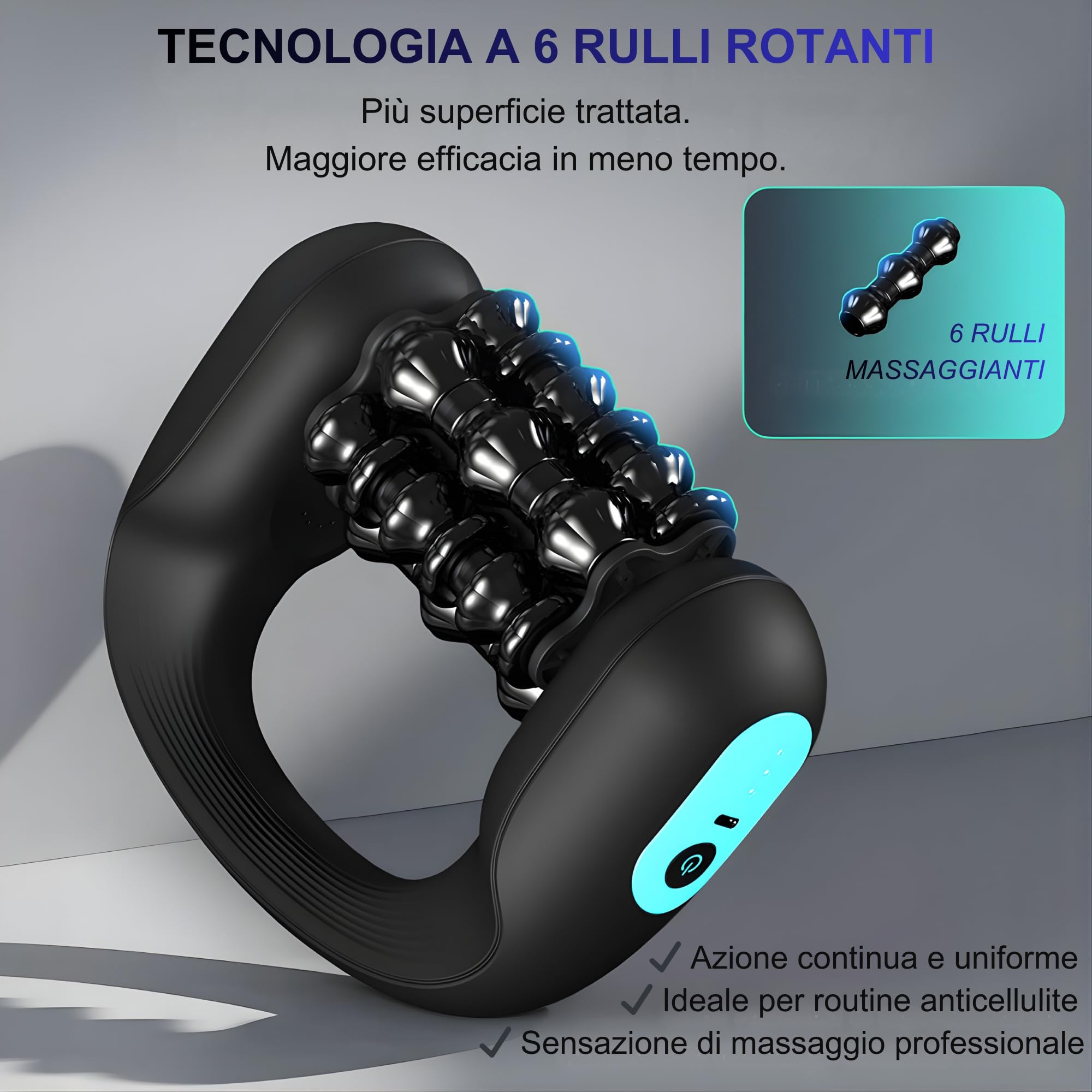 Massaggiatore Elettrico Anticellulite Percussivo – Doppia Azione Rulli + Vibrazione, Effetto Drenante e Rassodante, Riduce Tensione Muscolare, Massaggio Profondo Gambe e Corpo, Portatile