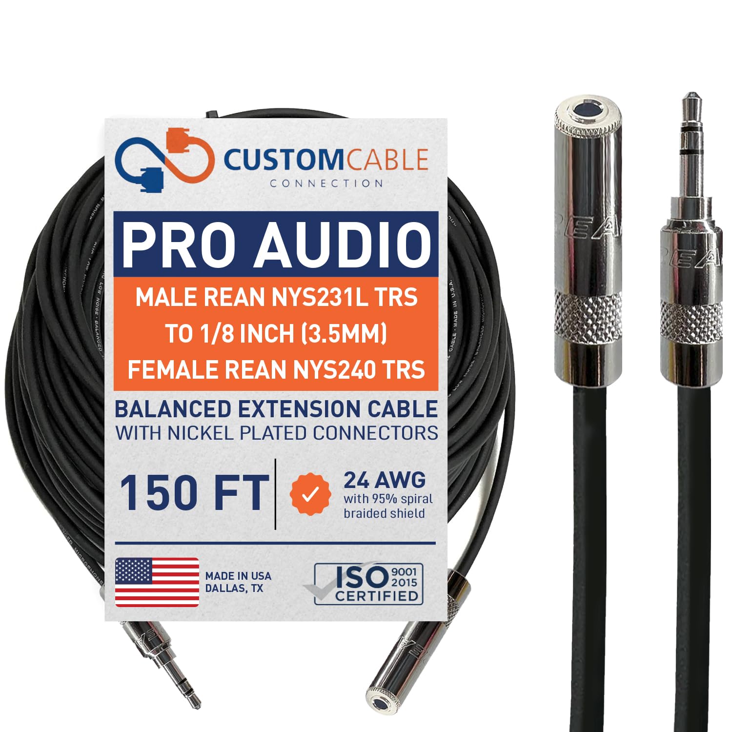 Custom Cable Connection 150 Foot Pro Audio 1/8 inch (3.5mm) Male REAN NYS231L TRS to 1/8 inch (3.5mm) Female REAN NYS240 TRS Balanced Extension Cable
