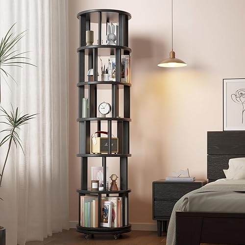 Miniatura 8 de Estantería giratoria de madera maciza con ruedas, 6 niveles, estantería giratoria redonda, torre giratoria de 360 para niños, estanterías
