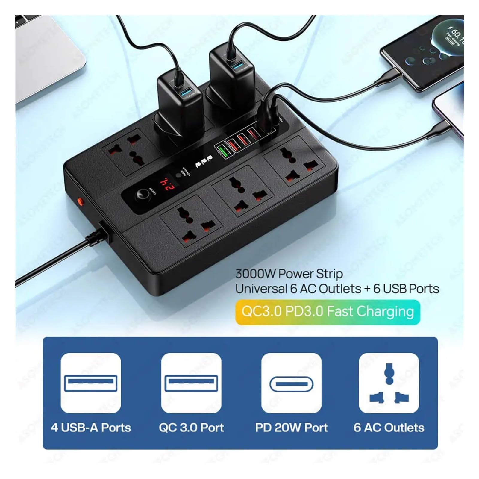 Ładowarka USB, 6 portów 20W PD QC3.0 Szybka ładowarka USB typu C Adapter stacji szybkiego ładowania 3000W 6 gniazd AC Listwa zasilająca(2PCS Black 5V-3.4A)