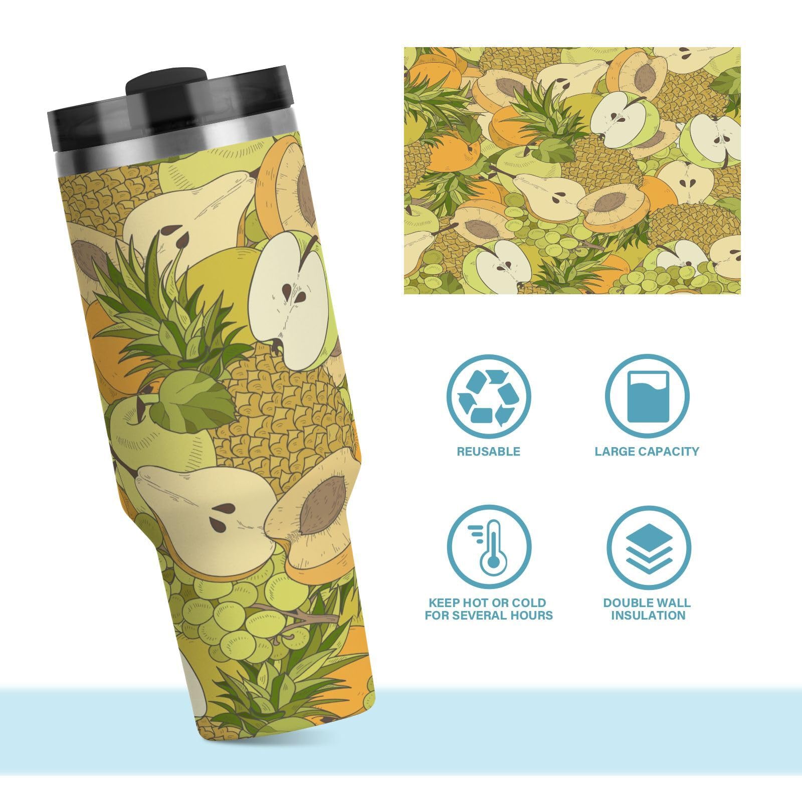 Isolierter Becher Sommerfrucht doppelwandig Edelstahl Wasserflasche Kaffeetasse Reisebecher mit Griff Strohhalmdeckel