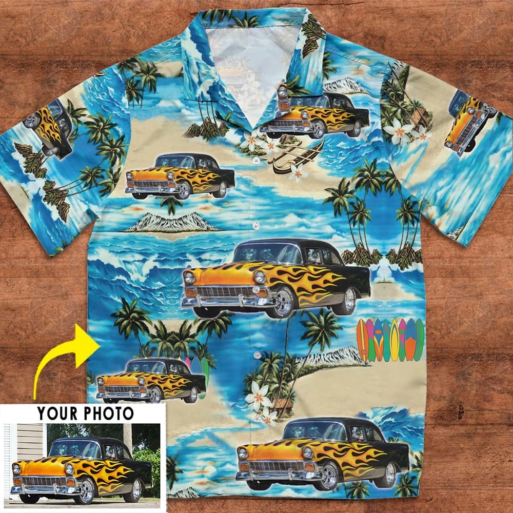 Personalized Classic Car Hot Rod Hawaiian Shirt, Muscle Car Hot Rod Xmas Gifts, Classic Vintage Car Hawaiian Shirt, Custom Car, Street Rod Rat Rod Apparel (HAW2),(Blue, White)