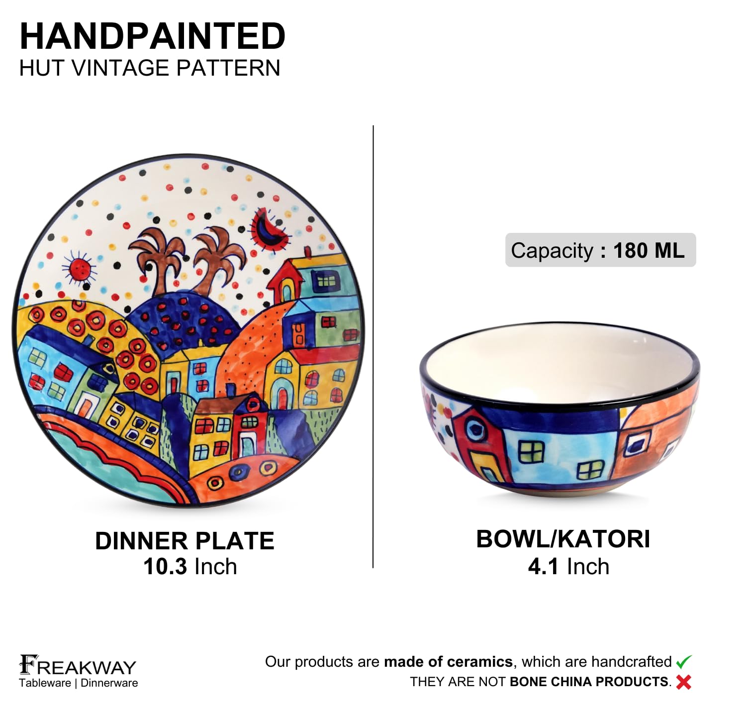 Freakway Hut Family Hand-Painted Glossy Dinner Set Ceramic Stoneware Dinner Set of 8 Pieces | 4 Dinner Plate 10.3 Inch & 4 Serving Bowls 180 Ml | Dishwasher & Microwave Safe - Multicolor 2