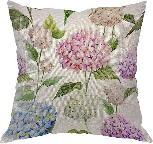 Moslion Fundas de almohada decorativas de flores de hortensias, diseño de hojas de jardín, color morado, azul, floral, primavera, 16 x 16 pulgadas,