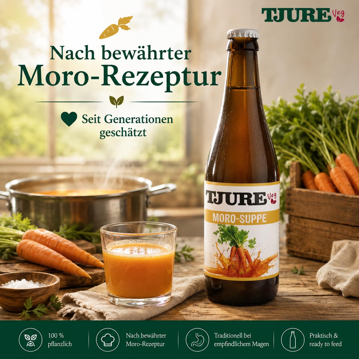 Tjure Morosche Karottensuppe Hund & Katze | 10+2 320 ml Aktion | Schonkost für besondere Phasen | Moro Suppe für Hunde aus Wasser, Karotten & Meersalz | Ohne Zusatzstoffe | Made in Germany