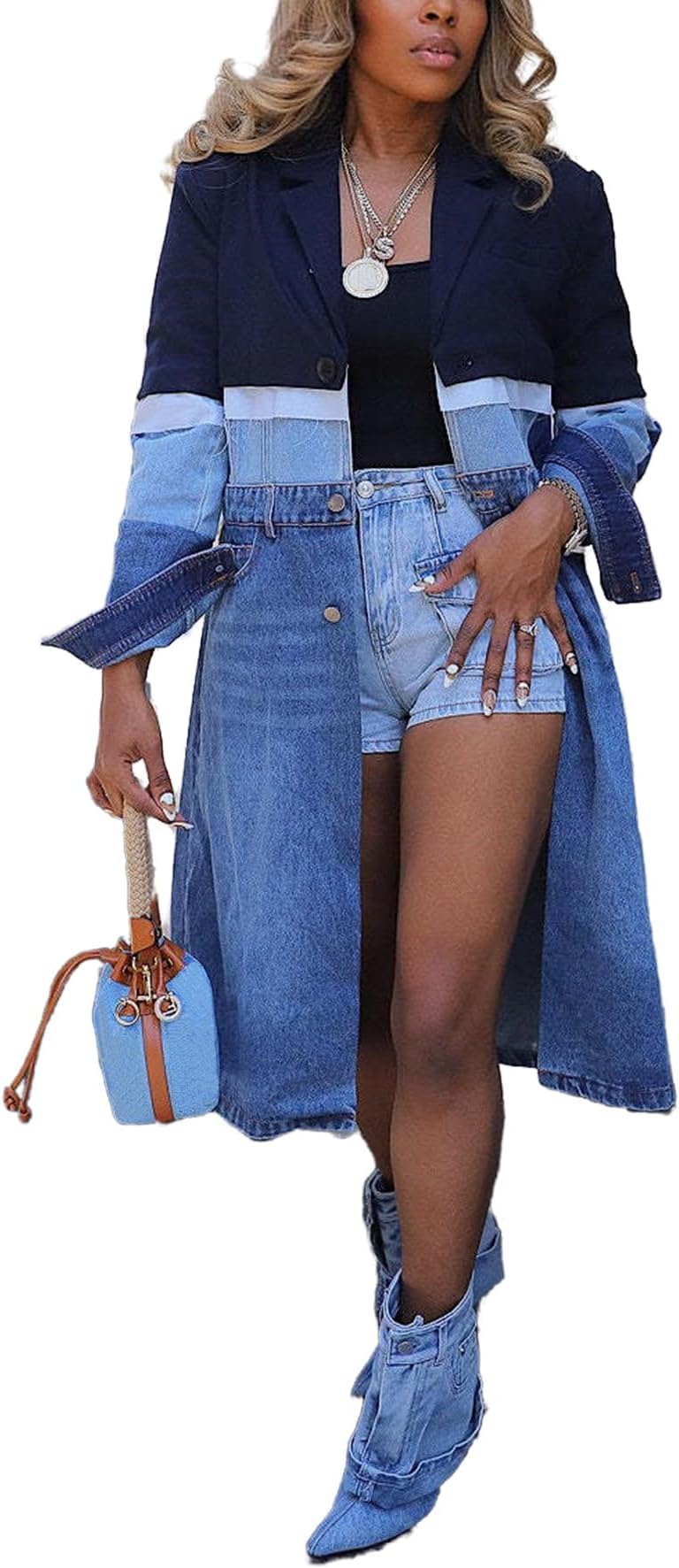 Women's Denim Trench Coat Lapel Notched Long Sleeve Jean Patchwork Blazer Jacket Midi Overcoat with Pockets