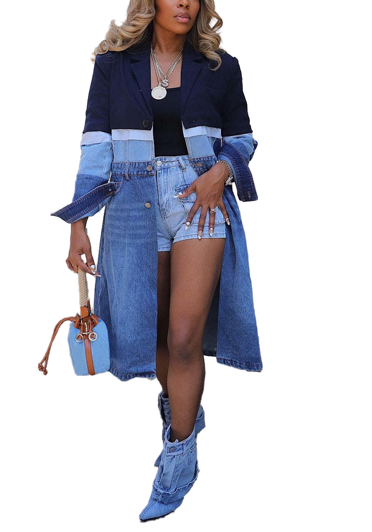 Tbahhir Womens Denim Trench Coat Lapel Notched Long Sleeve Jean Patchwork Blazer Jacket Midi Overcoat with Pockets