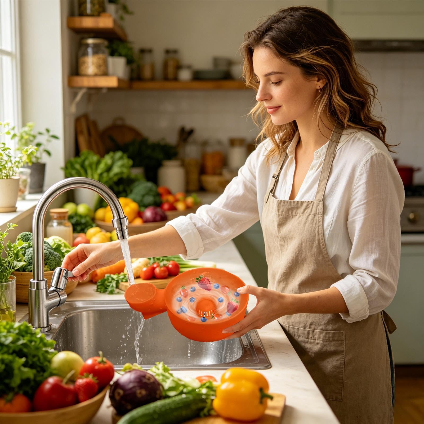 Cuenco giratorio para lavar frutas, colador multifuncional 4 en 1, cesta de drenaje automático, para fresas, uvas, frambuesas, fechas, preparación de ensaladas, camping, 7.8 x 5.3 x 2.95 pulgadas