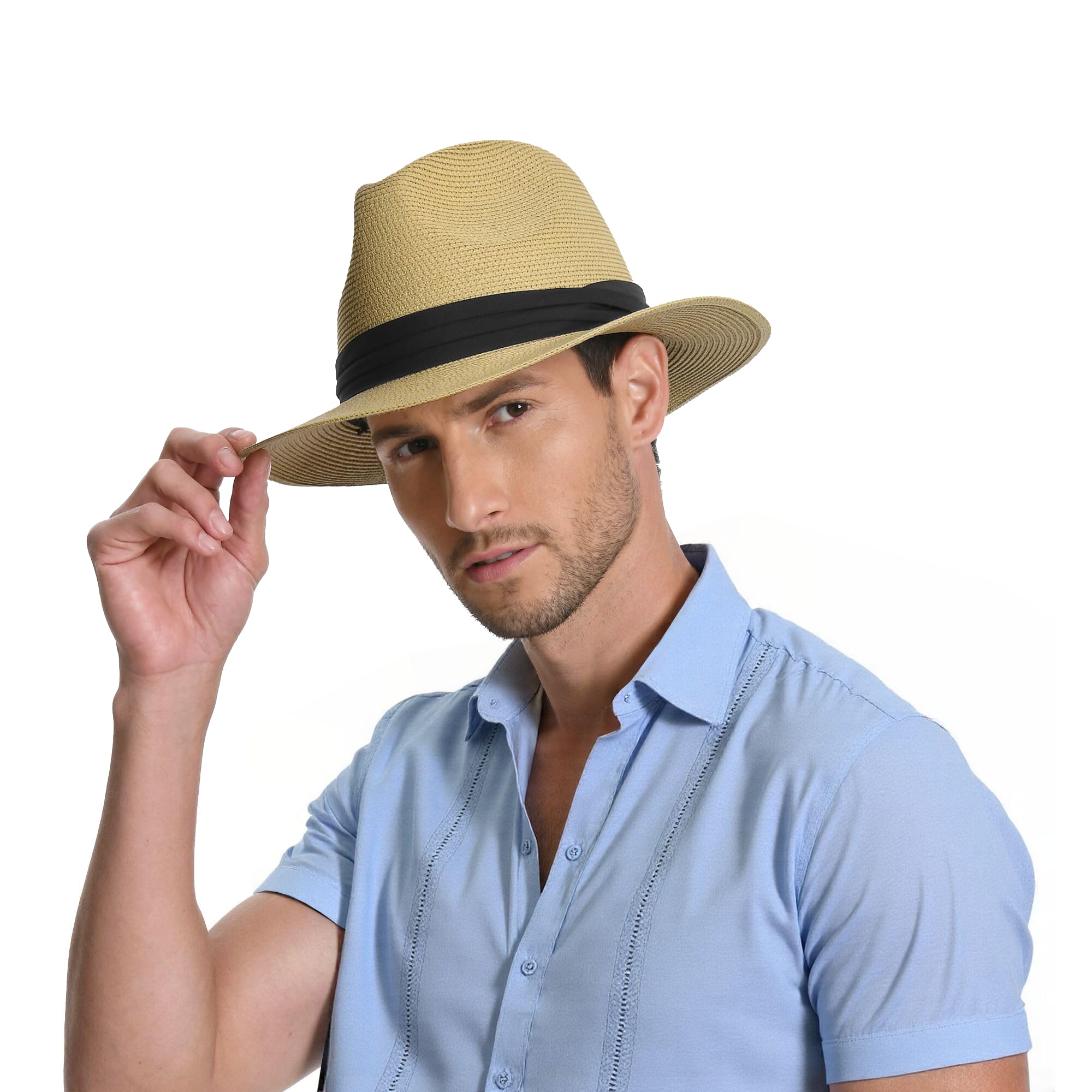Sun Hat Straw Fedora Hats for Men Women Beach Hat Panama Hat Men Wide Brim Summer Hats UPF80+ Khaki