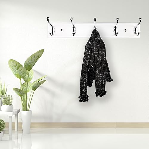 Miniatura 6 de lomejii 5 ganchos plateados de madera para colgar ropa, sombrero, mochila, etc., gran decoración moderna de pared para entrada, pasillo, vestíbulo,