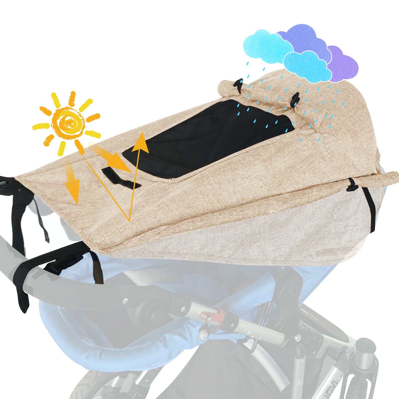 WD&CD Sonnensegel Kinderwagen mit UV Schutz 50+ und Wasserdicht, Double layer fabric mit Sichtfenster und extra breite Schattenflügel, Khaki