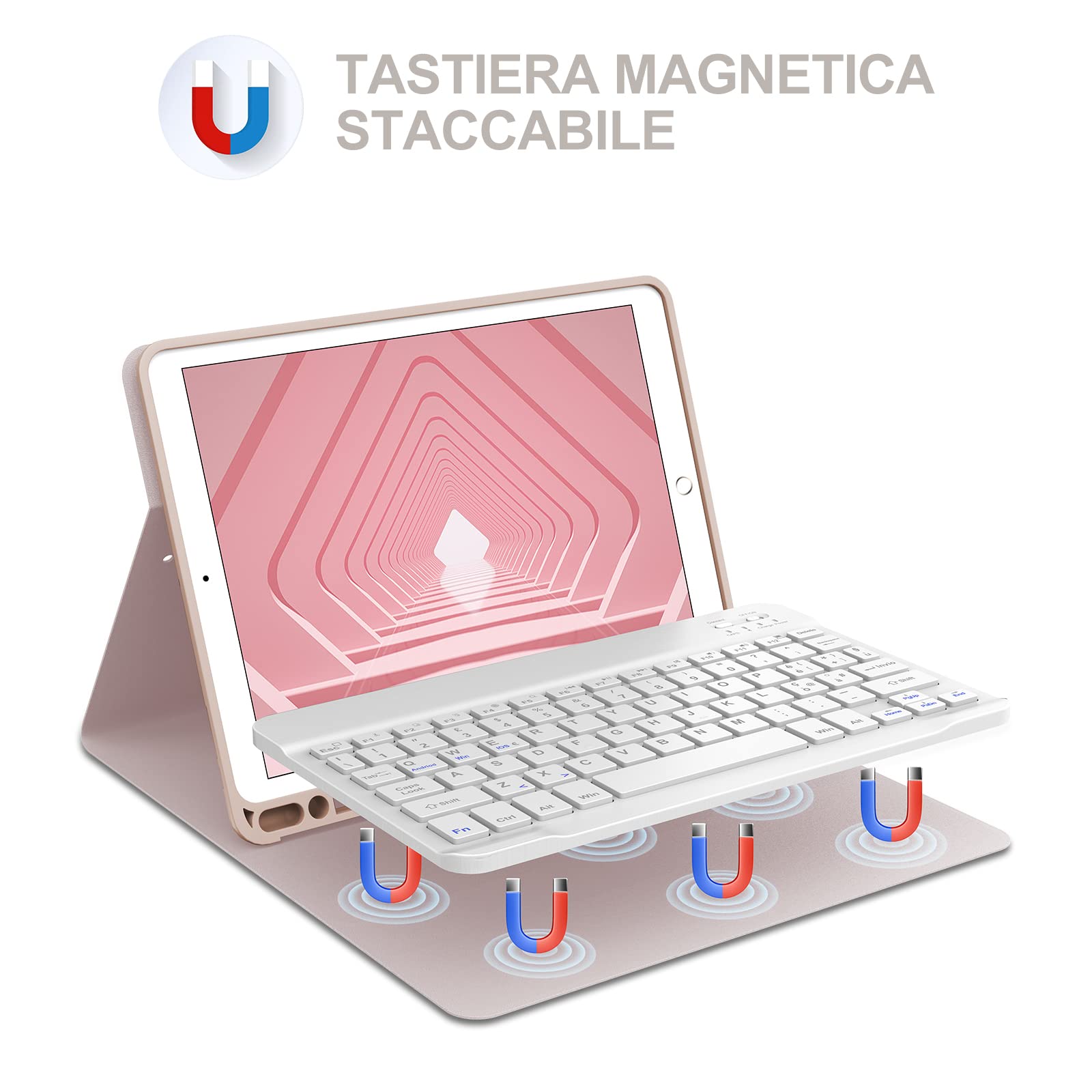 RLTech Tastiera Custodia Per IPad 10.2 8a/7a Gen (2019-2020) – Tastiera Wireless Rimovibile, Supporto Regolabile, Custodia In PU, Rosa Oro - 4