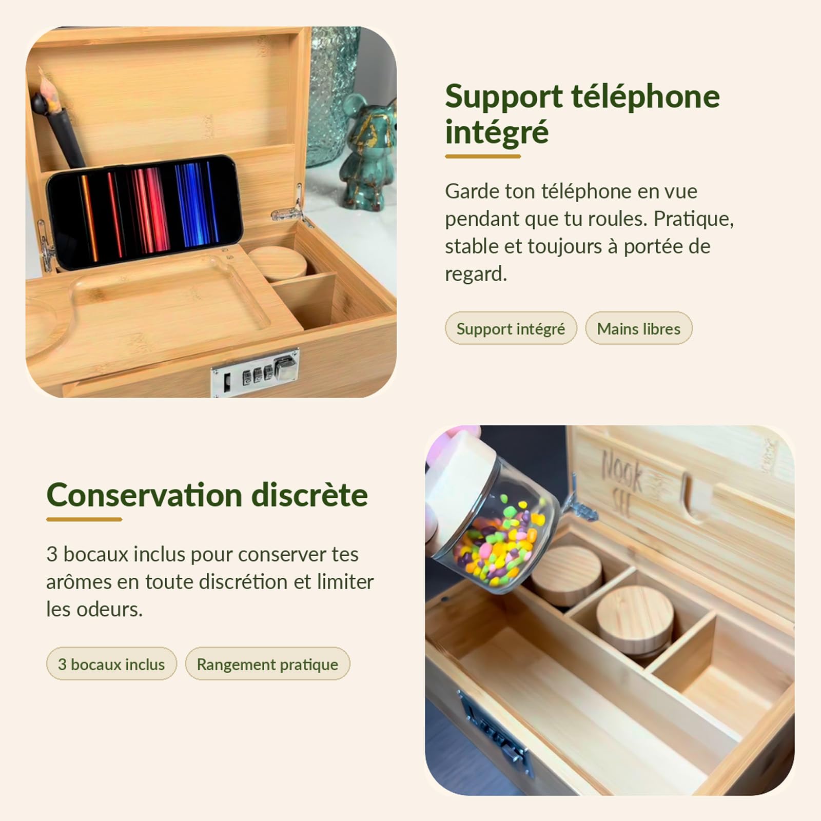 Nooksee Box Rouler en Bambou avec Serrure à Code et 3 Bocaux Anti-Odeur
