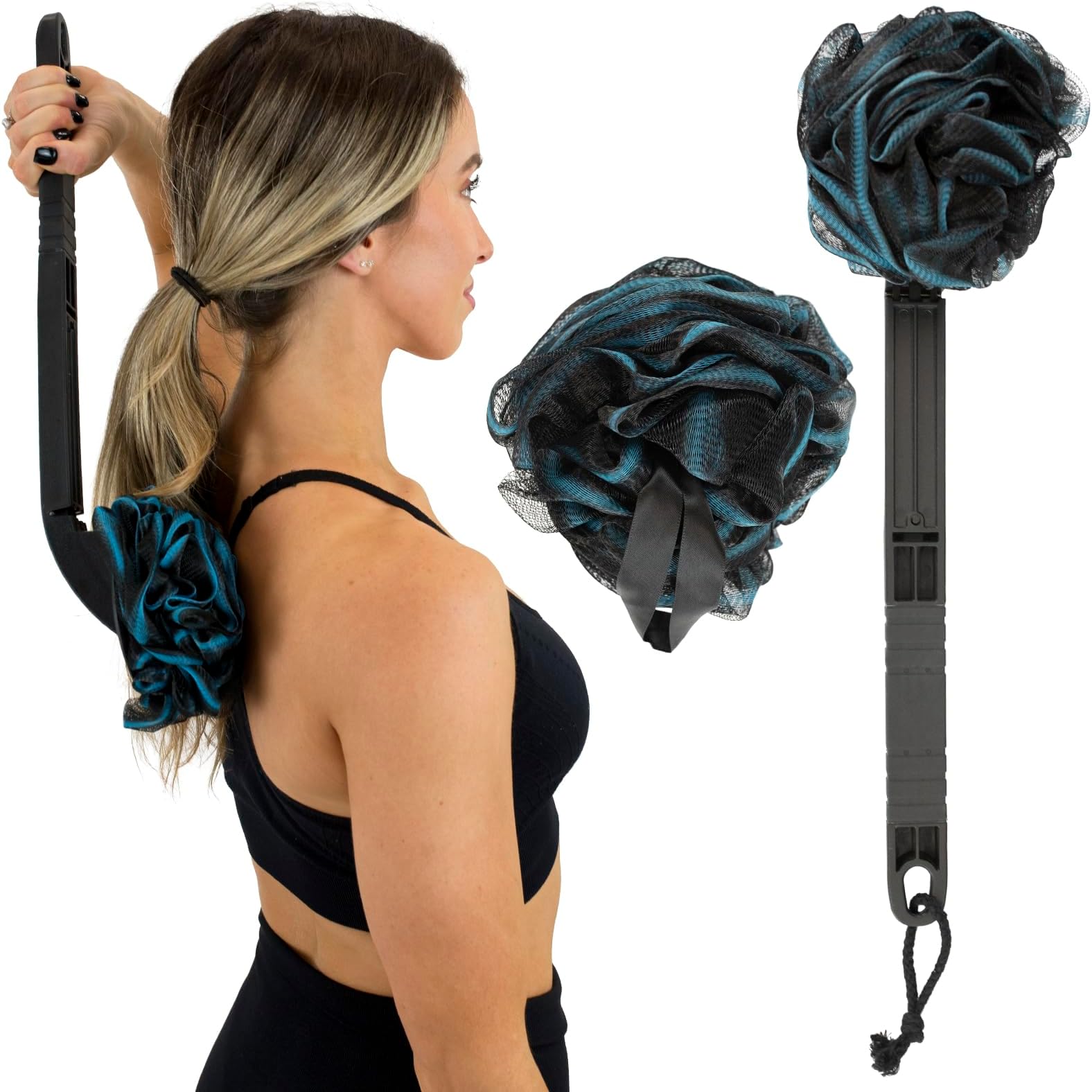 Vive Long Handled Loofah on a Stick - Mesh Back Sponge for Shower & Bath Reusable w/Extra Pouf - Exfoliating Scrubber Stick for Elderly & Disabled, Soft Loofa for Bathing Men & Women