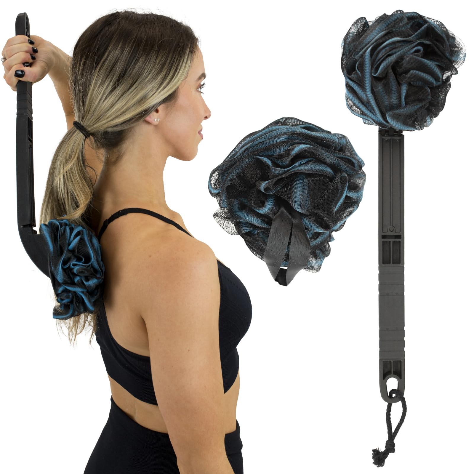 Vive Long Handled Loofah on a Stick - Mesh Back Sponge for Shower & Bath Reusable w/Extra Pouf - Exfoliating Scrubber Stick for Elderly & Disabled, Soft Loofa for Bathing Men & Women