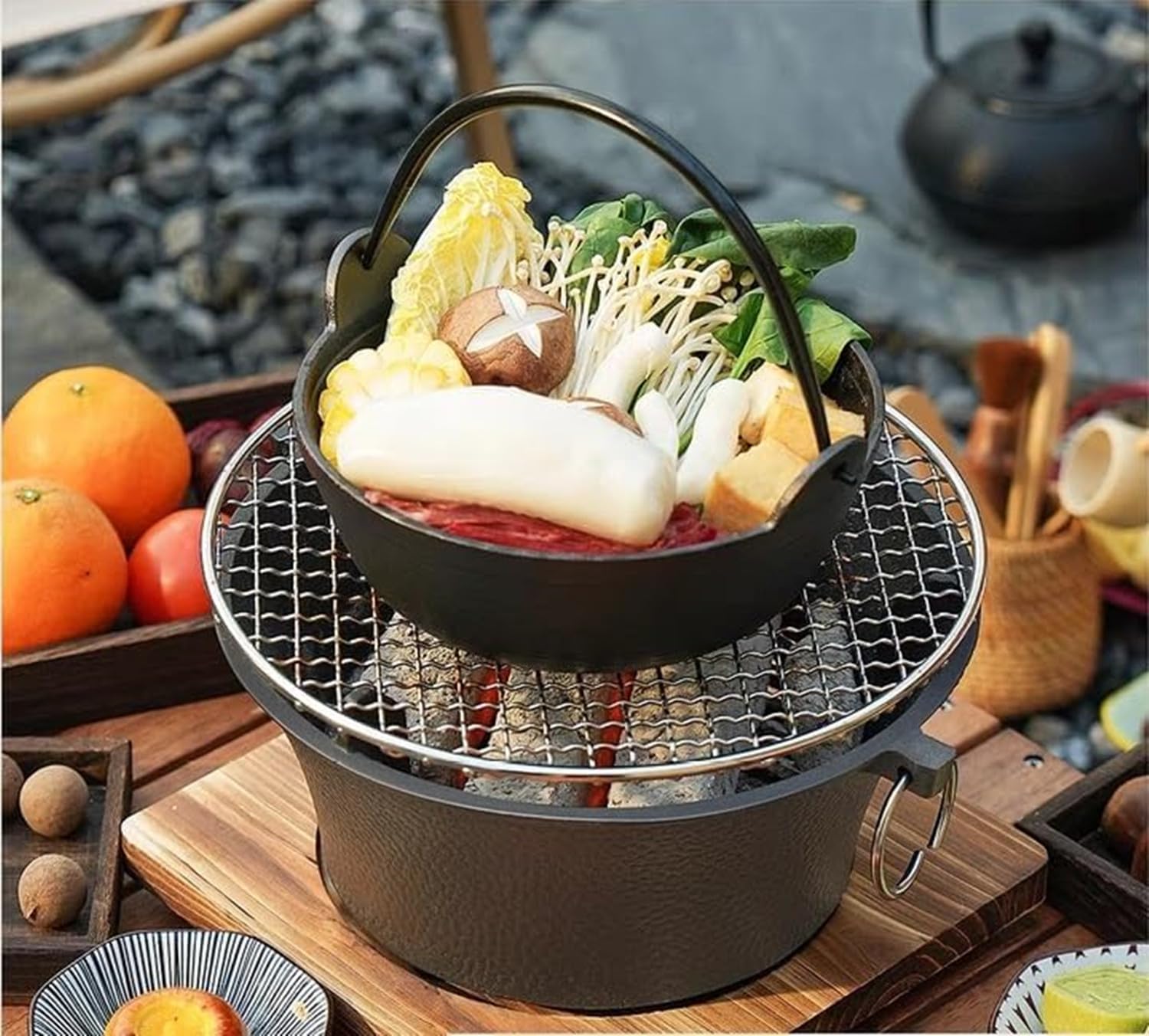 Barbecue a carbonella in ghisa, portatile, da campeggio, per cucinare all'aperto, picnic, tailgating e campeggio, perfetto per cucinare a carbone