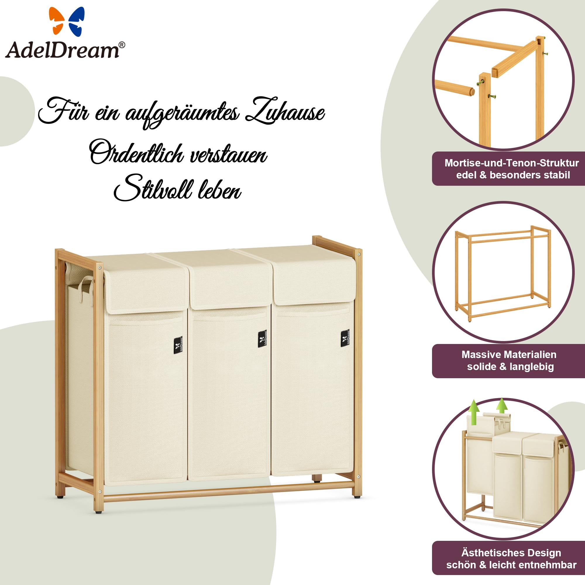 AdelDream Wäschekorb 150L, 3 Fächer Wäschesammler, Bambusrahmen | Wäschesortierer 3 x 50L, abnehmbarer Sack, atmungsaktiv, Beige