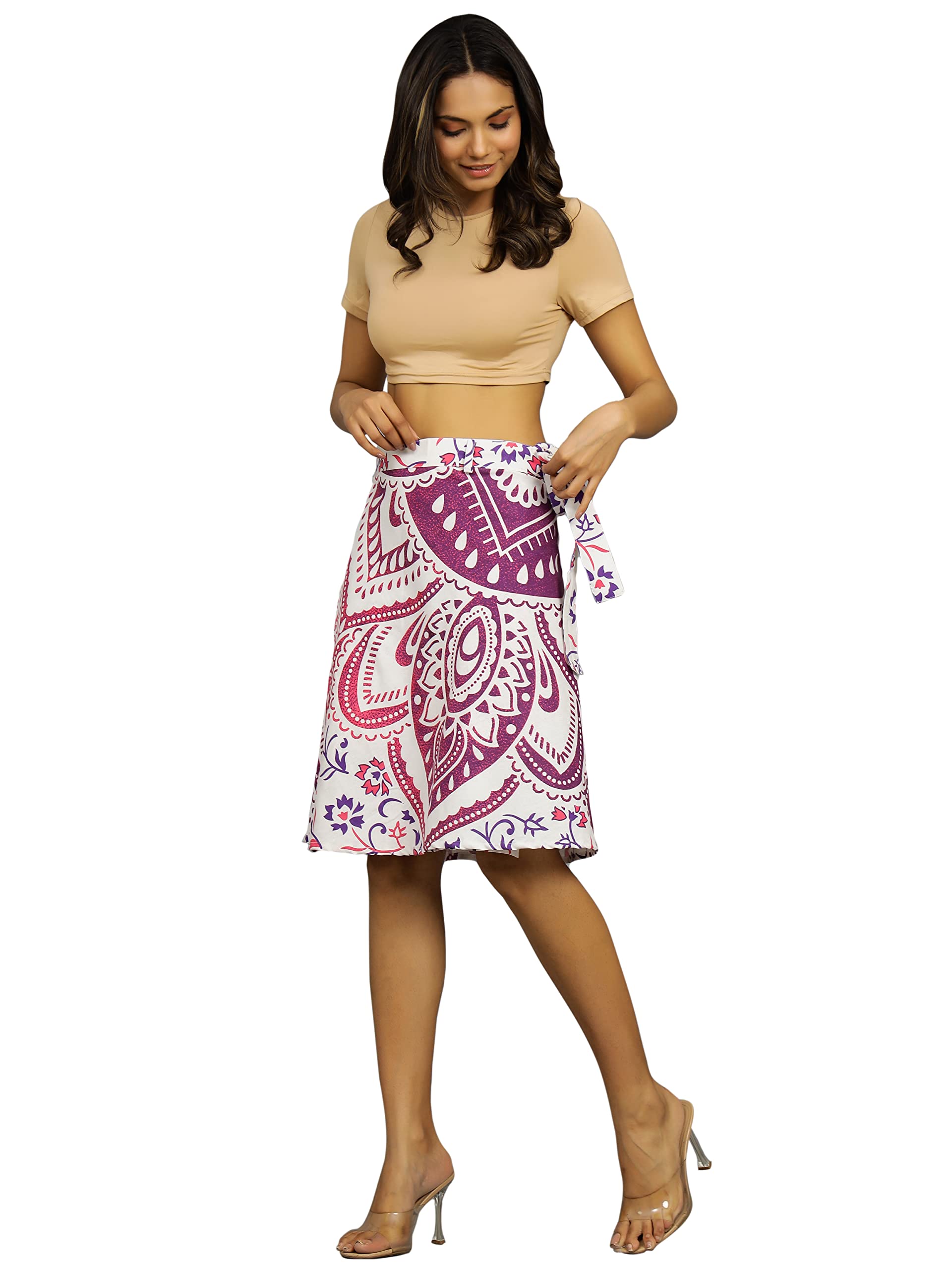 Ravaiyaa - Attitude is everythingRavaiyaa - Attitude is everything Handmade Mandala Printed Cotton Rapron Women's Casual Midi Skirt Beach Wear Western Rapron (White & Pink)