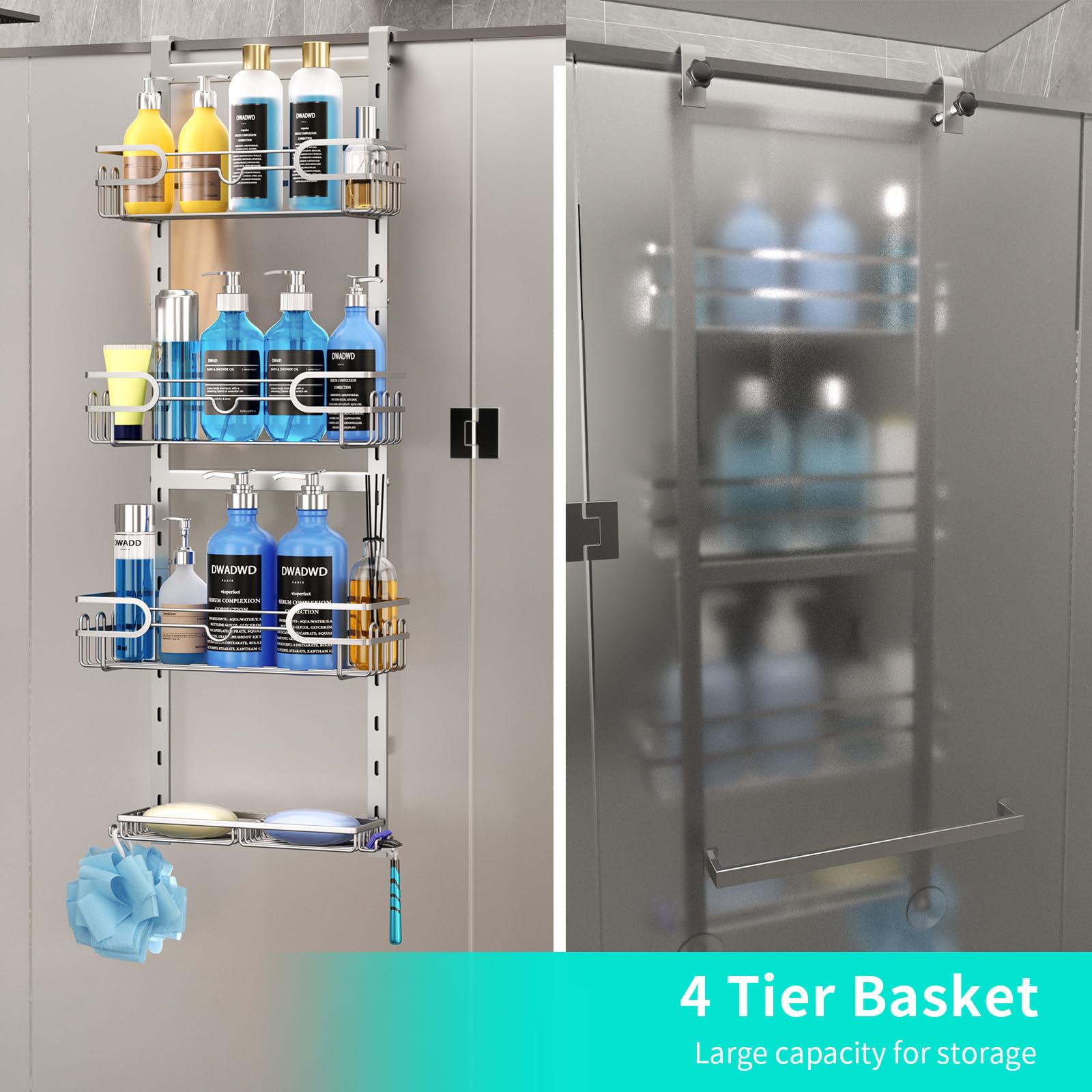 HapiRm Duschablage zum Hängen Hängeregal Dusche - Duschregal zum Hängen Einstellbar mit 4 Duschkorb, Duschablage Dusch Hängeregal mit Seifenschale und Haken, Duschregal über der Tür Badezimmer