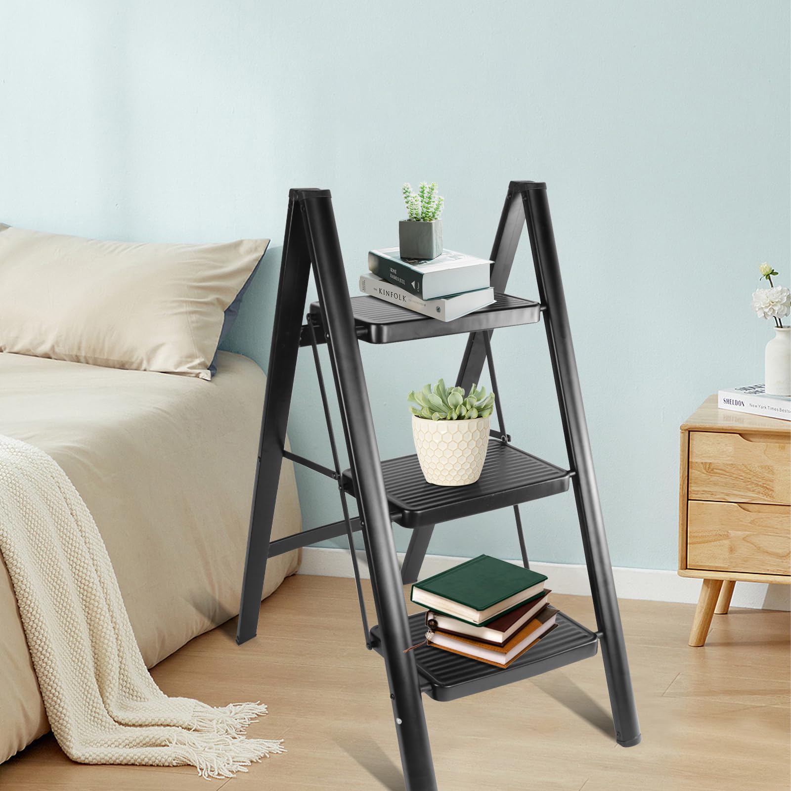 Échelle Pliante 3 Marches Teenza, Fer, Larges Marches Antidérapantes, Capacité de Charge de 150kg, pour L'organisation de la Maison, ou comme Jardinière Temporaire, Tabouret, etc.
