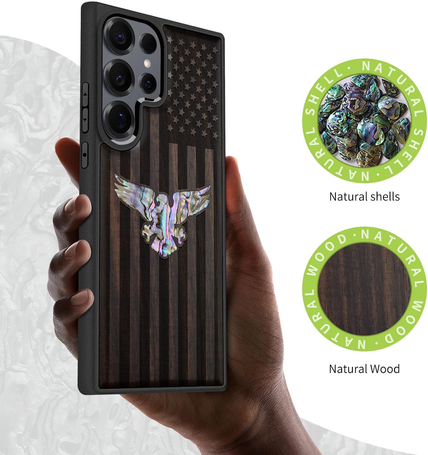 Carveit Magnetic Wooden Case for Samsung Galaxy S25 Ultra Case, Wood Artisan Engraved & Handmade Shell Inlaid, Compatible with MagSafe Wireless Chargers (Bald Eagle and Flag) Blackwood