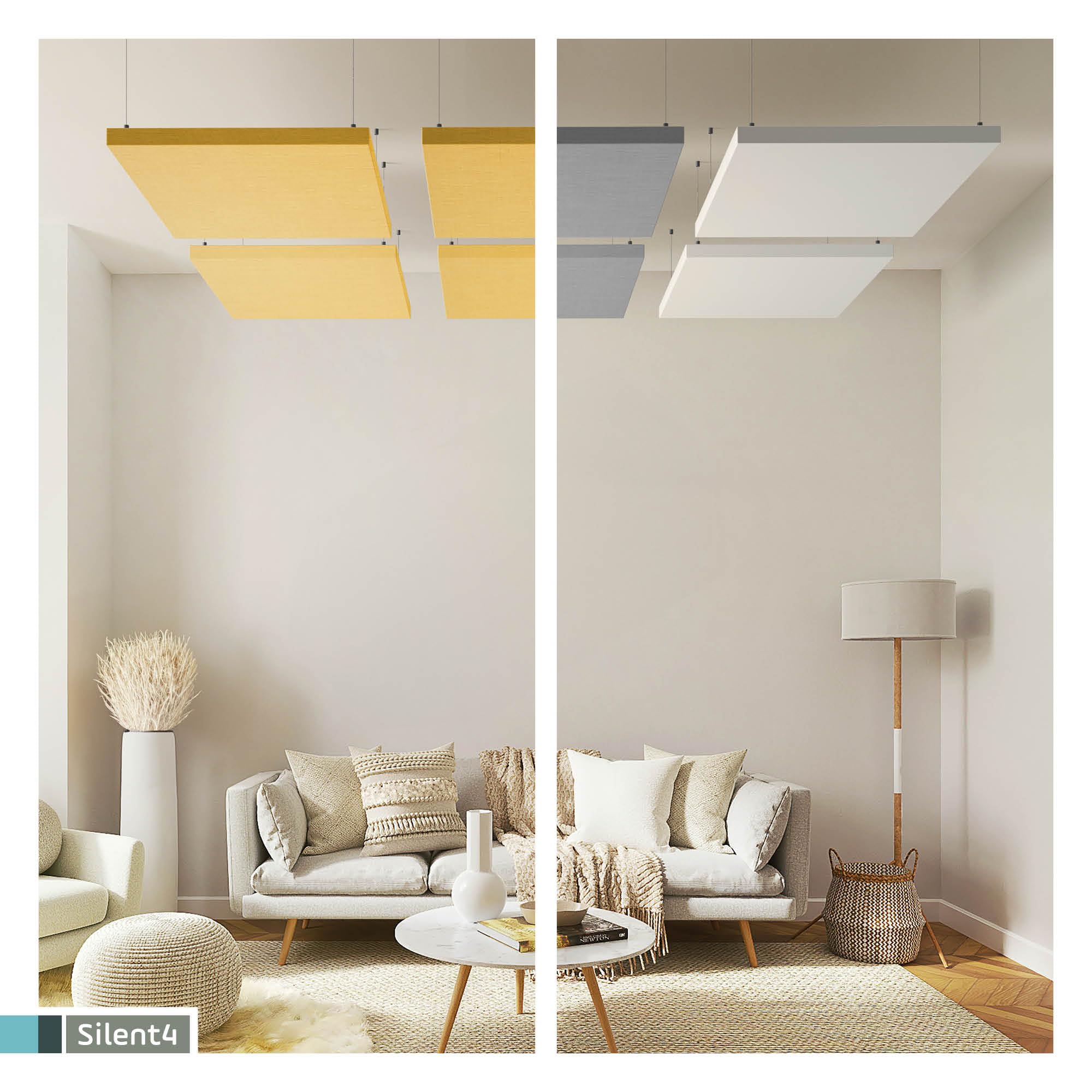 SILENT4® Schallabsorber Decke 114x72x5cm Akustikbild Akustikpaneele aus Akustikvlies, Seilmontage, messbar verbesserte Raumakustik durch Akustikplatten mit waschbarem Stoffbezug in Weiß