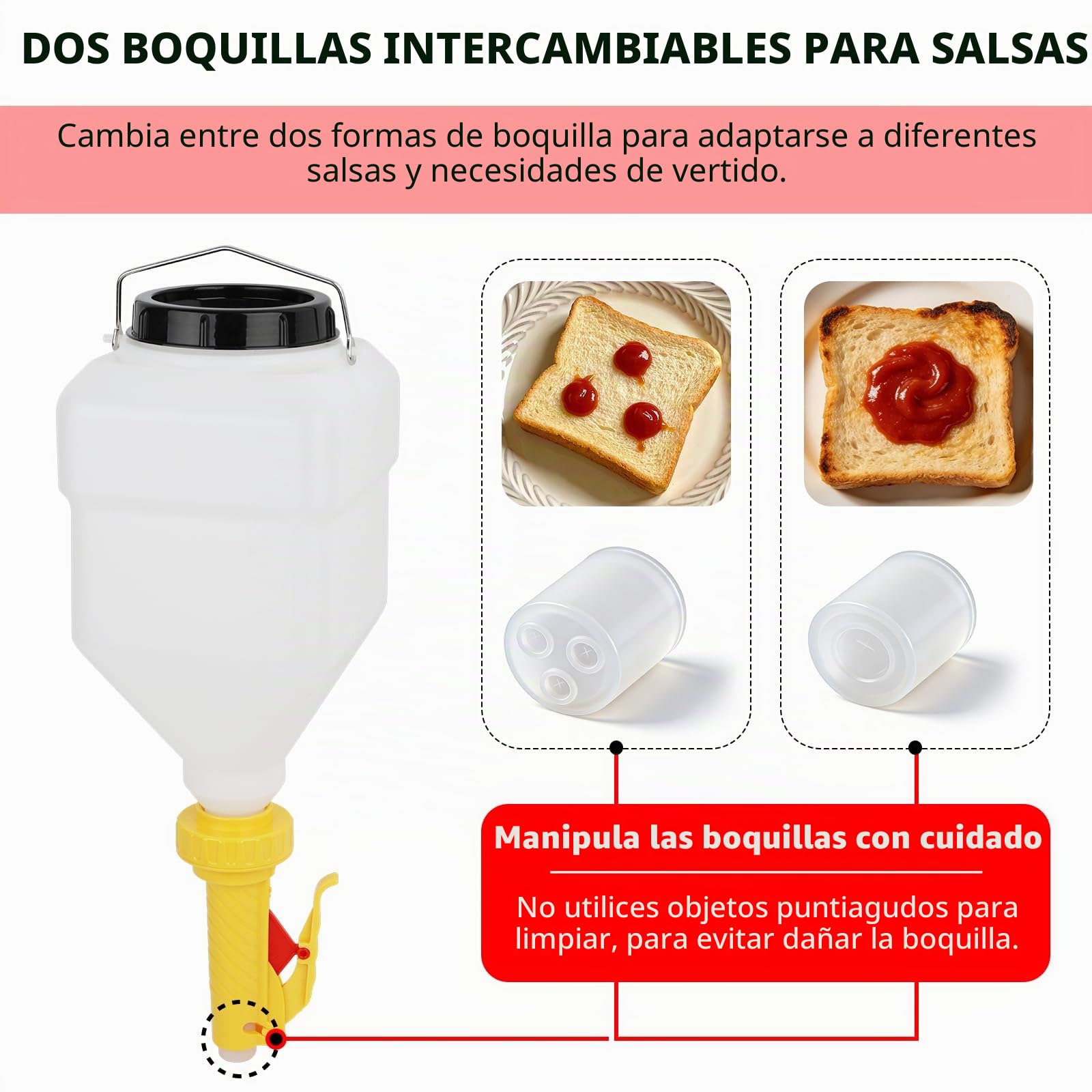 JAOGAUS Dispensador de Salsa Colgante, Botella de 5,5L con 5 Opciones de | Vertido Ajustables, Botella Squeeze Grande para Ketchup, Mostaza, Mermelada, Dispensador de Salsa para Restaurantes, Puestos