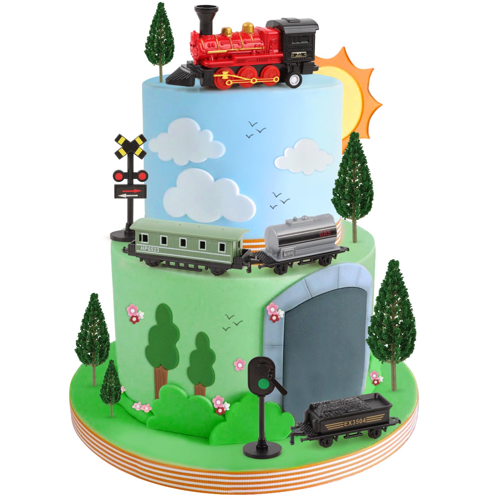 Photo 1 of 12Pcs Train Cake Toppers Train Cake Decorations with Traffic Track Railway Lights Sign for Trains Themed Birthday Party Decorations Transport Themed Party Supplies