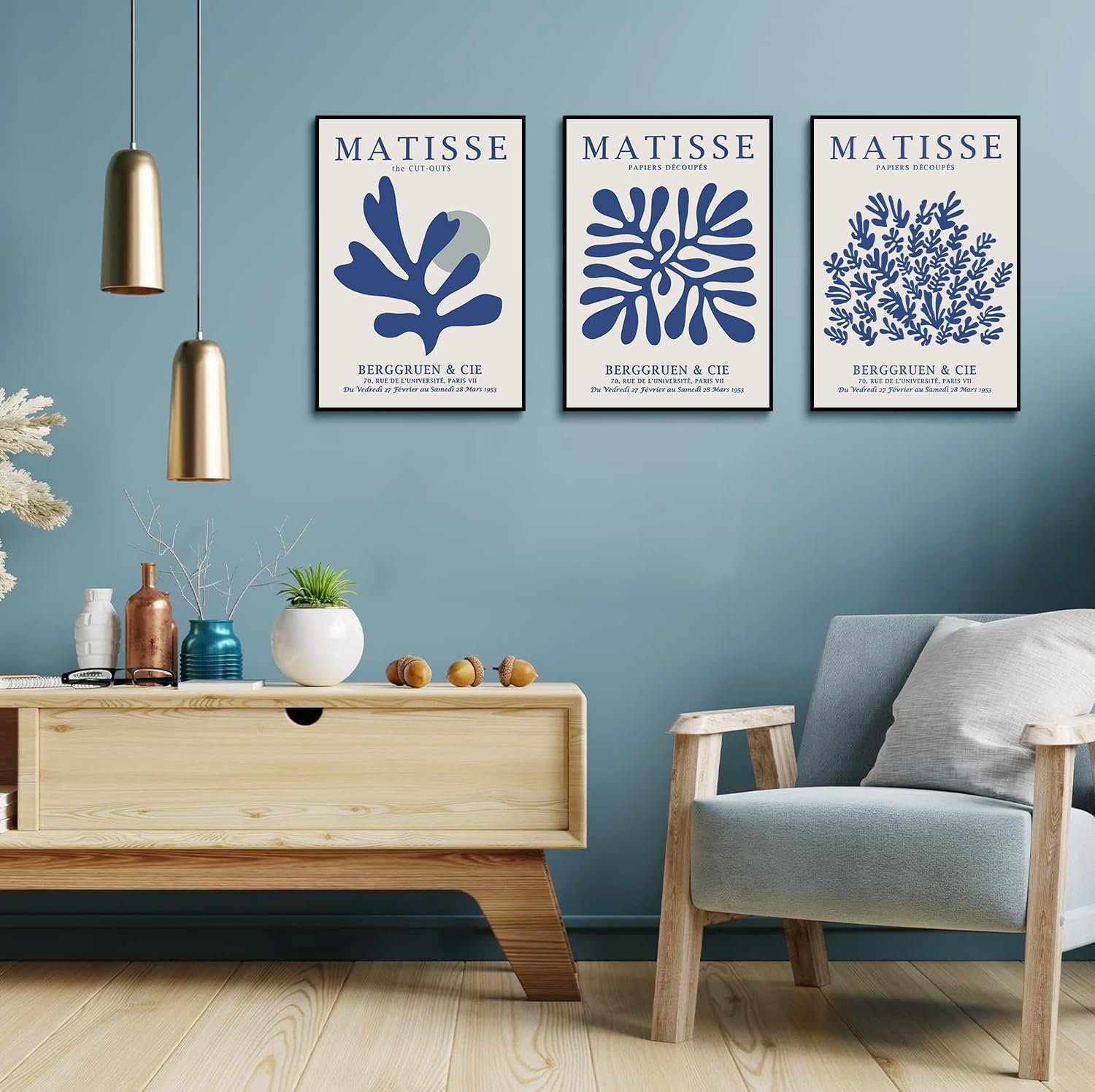 3Pcs Matisse Wall Art Abstract Henri Matisse Canvas Wall Decor Navy Blue Flower Market Minimalist Aesthetic Paintings Prints Posters for Bedroom Living Room Bathroom Home Decor 16x24inch Unframed