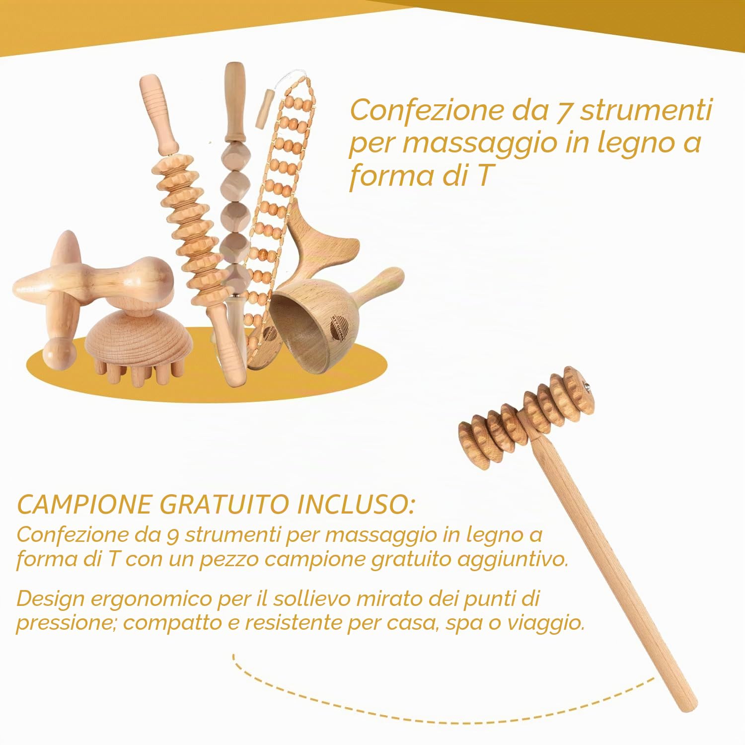 Wood Massager 7 Pezzi Set per Corpo, Strumenti di Maderoterapia per Massaggio Muscolare, Drenaggio Linfatico e Relax, Rulli e Barre in Legno per Gambe, Braccia, Schiena – Benessere Casa Spa