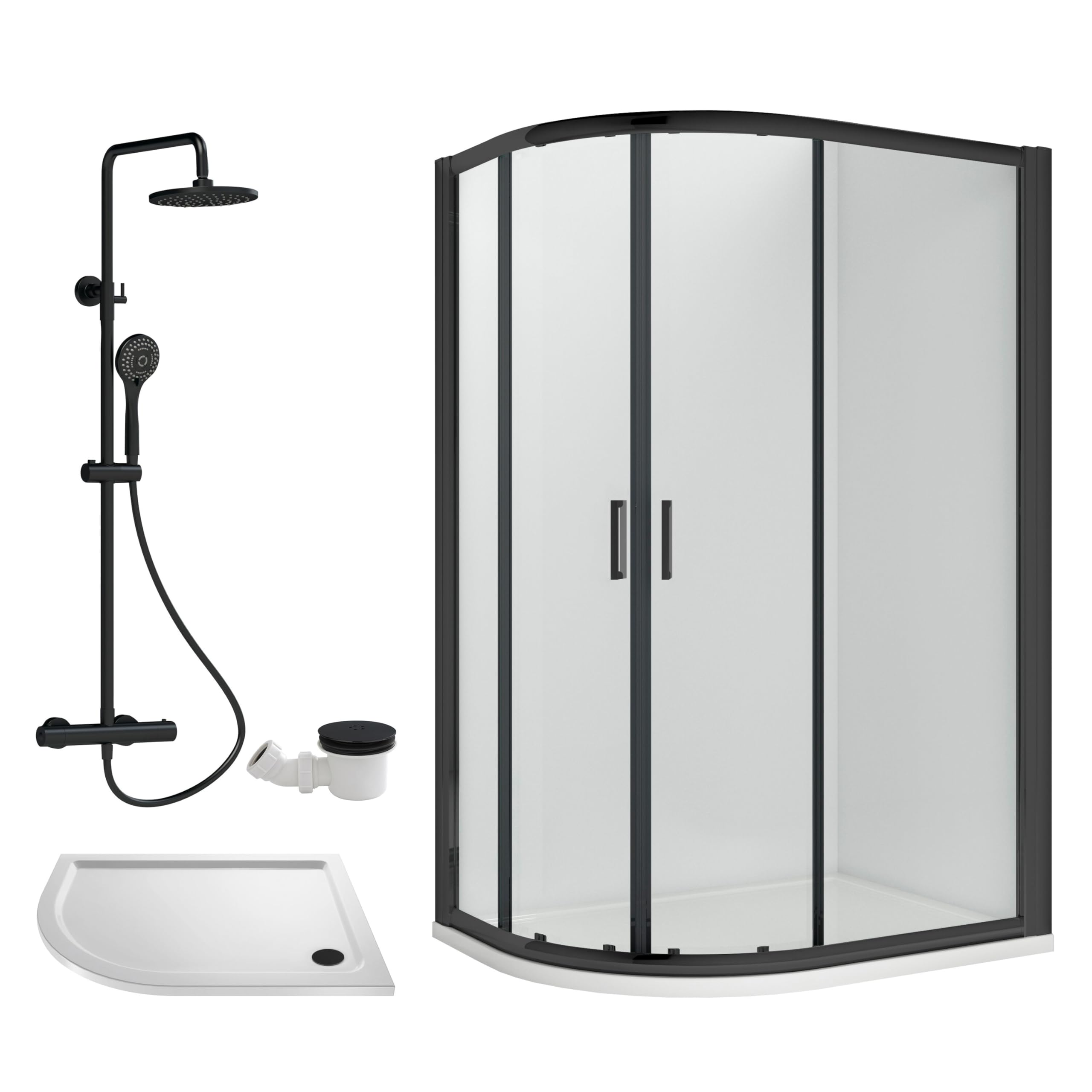 Ruwa Shower Enclosure Bundle - Offset Left Quadrant, Tray, Round Shower & Waste - White/Black - 1200Mm X 800Mm - Balterley 5056678409367