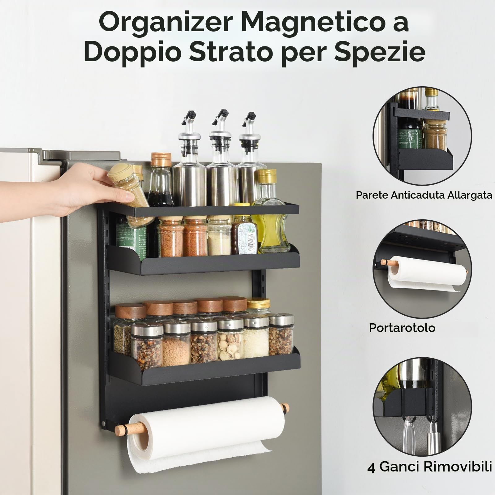 OTraki Scaffale Portaspezie Magnetico per Frigorifero, 2 Ripiani Organizer Cucina Senza Foratura Carico Massimo 8 Kg, Portaspezie Da Parete in Acciaio Inox con Porta Rotolo da Cucina e 4 Gancio