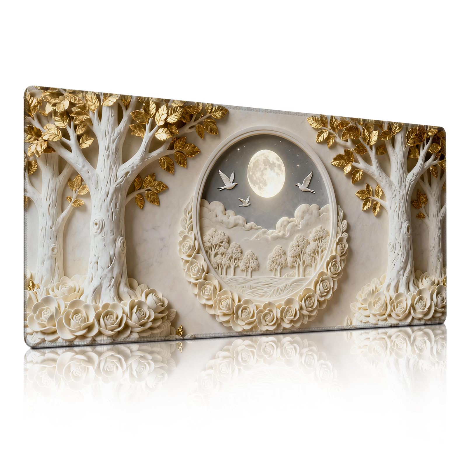 Gold Leaf White Rose &amp; Full Moon Mouse Pad, Luxury Relief Dove Decor Desk Mat - Large Non-Slip Office PC Laptop Desk Pad - 35.5"x15.7" x 3mm
