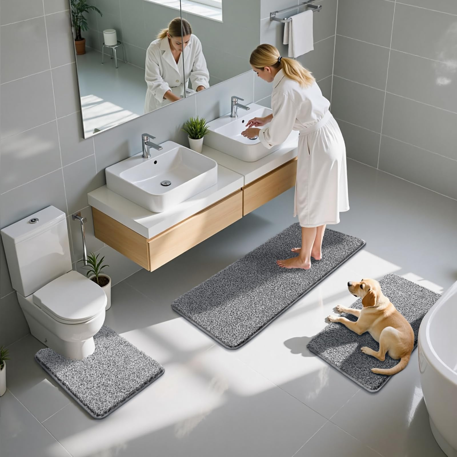 Enyhom Set di tappetini da bagno in microfibra, super assorbente, a forma di U, antiscivolo, lavabile, 50 x 80 + 50 x 120 + U50 x 60 cm)