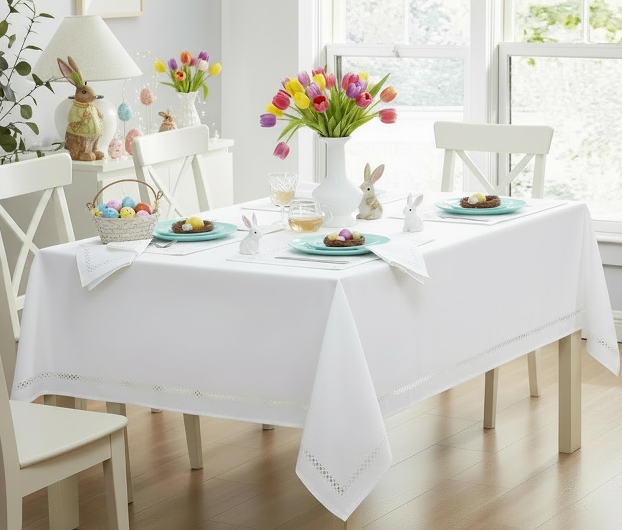 Newbridge Spring & Easter Holiday Fabric Square Tablecloth, 52 x 52 Inch, Provence Lattice Cutwork Solid Color Textured, Water and Stain Resistant Easy Care Table Cloth for Parties, White