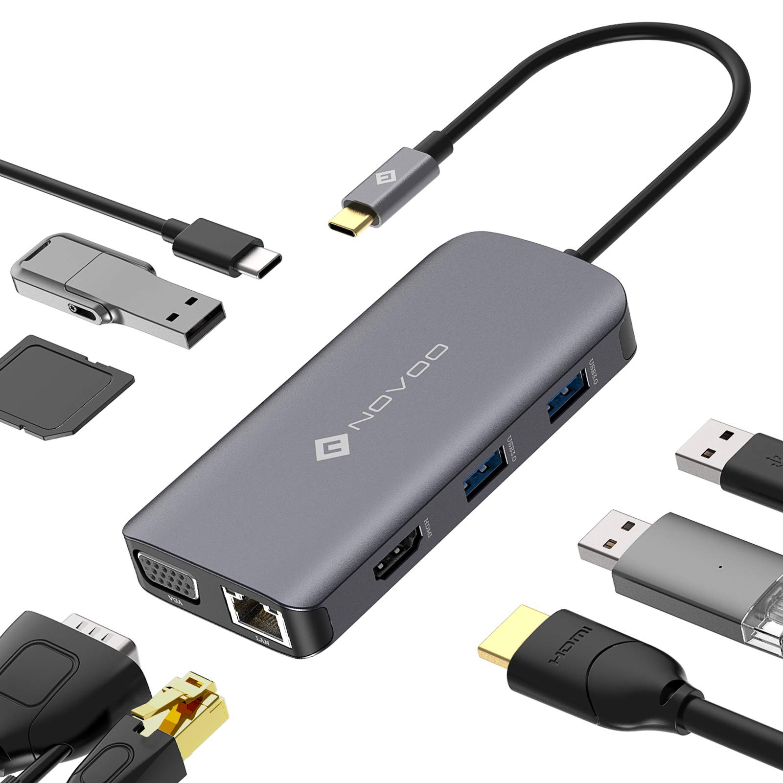 NOVOO Adaptateur USB C Hub 9-en-1,Dual Affichage(HDMI 4K&VGA), Docking Station d'accueil avec 1Gbps Ethernet,3xUSB 3.0,SD/Micro SD,Port d'alimentation 100W PD pour MacBook Pro Air XPS Chromebook