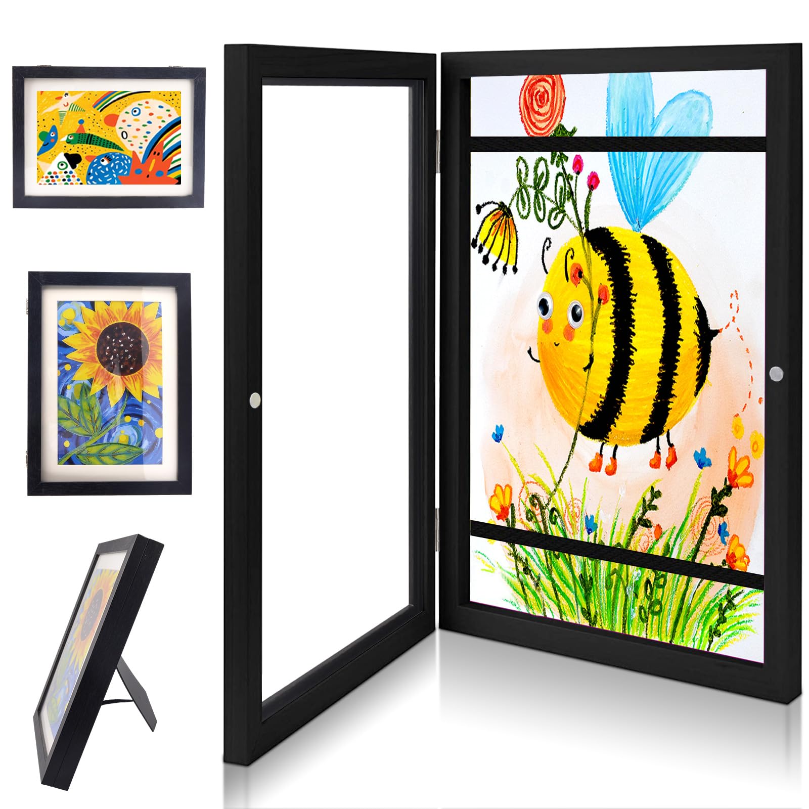 Kids Art Frames, Front Opening Kids Artwork Display Frame, A4 Children Art Projects Kids Artwork Display Picture Wooden Frame for 150 Pictures Display or Hang Drawing Crafting (black)