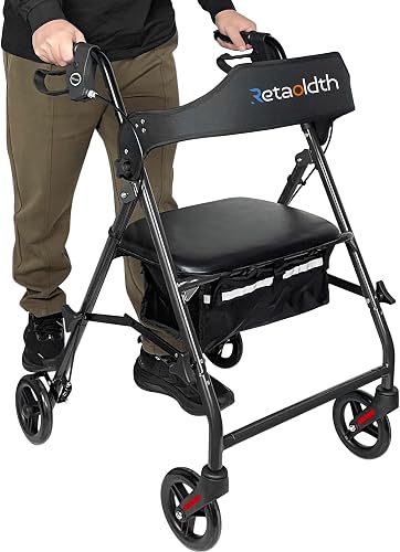 Retaoldth Foldable Rollator Walker with Seat for Seniors, Easy Folding | One-Hand Carry, 6" All-Terrain Wheels, Handle Height Adjustable,Lightweight Rolling Walker for Elderly, 300lb Capacity, Black