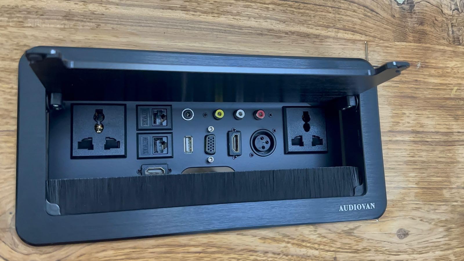 Audiovan Premium Black Flip Top Cable Cubby Popup Box with 2 Power sockets, 1HDMI Connector, Audio &Video conector, XLR Connector, 2 LAN Ports & USB Port with 1 Year Warranty (10 Module, Black)