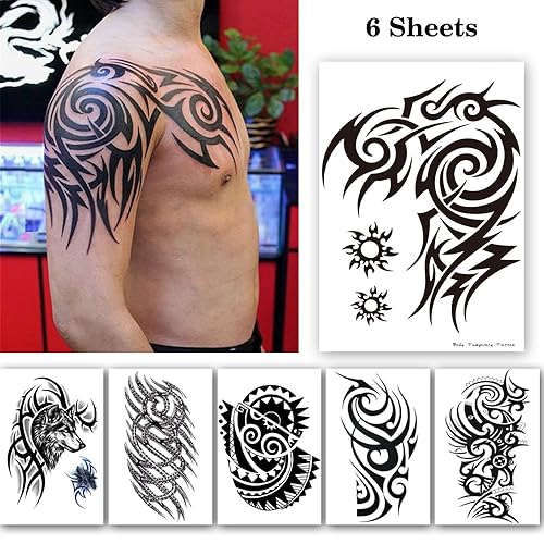 Miniatura 2 de Tatuajes temporales tribales grandes, calcomanías de tatuaje de tótem grande para hombres y hombres, tatuaje falso de brazo impermeable para