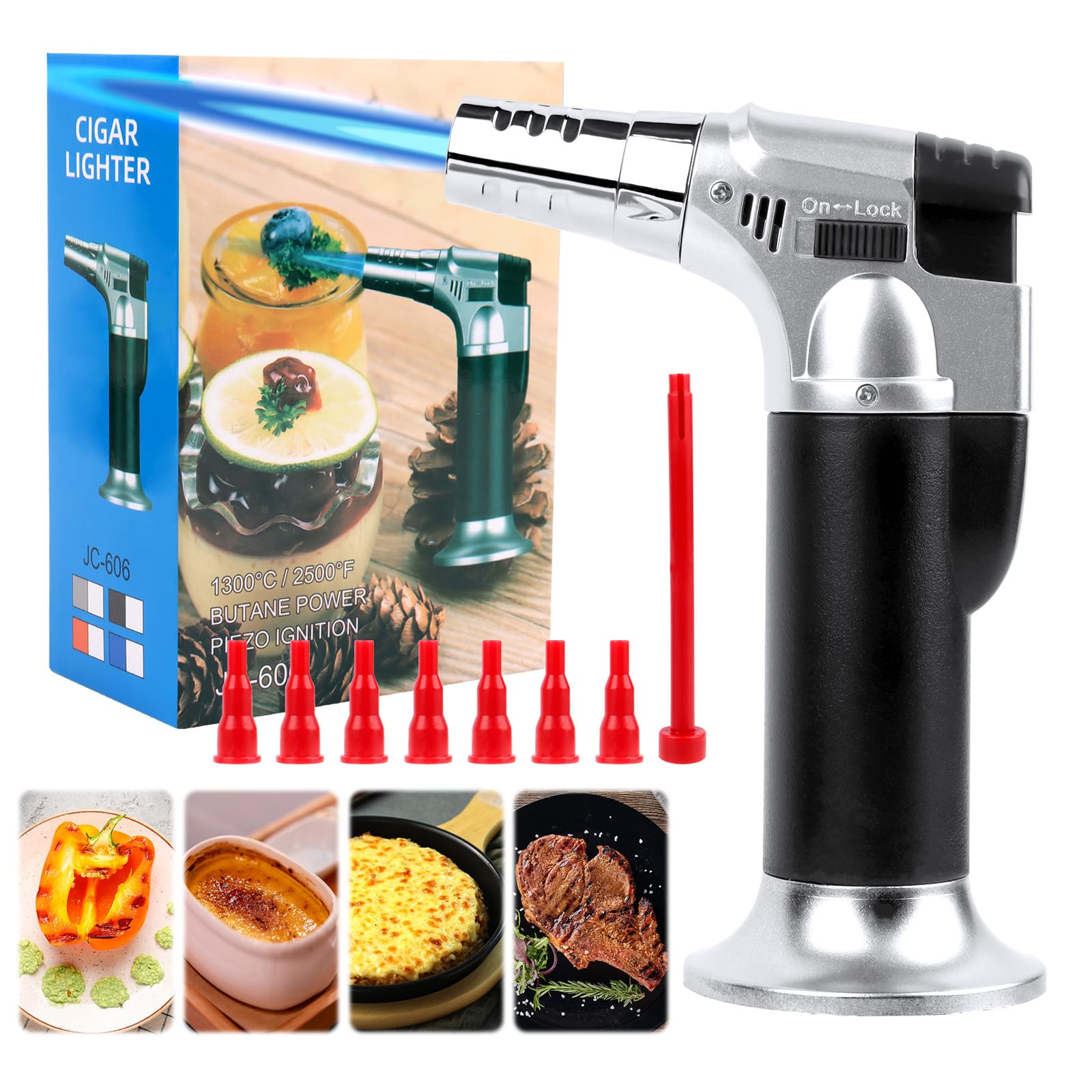 Torcia al butano, mini-soffiatore, torcia da cucina premium a 4 fiamme, ricaricabile e regolabile, torcia culinaria versatile per crème brûlée, cottura, barbecue (gas butano non incluso