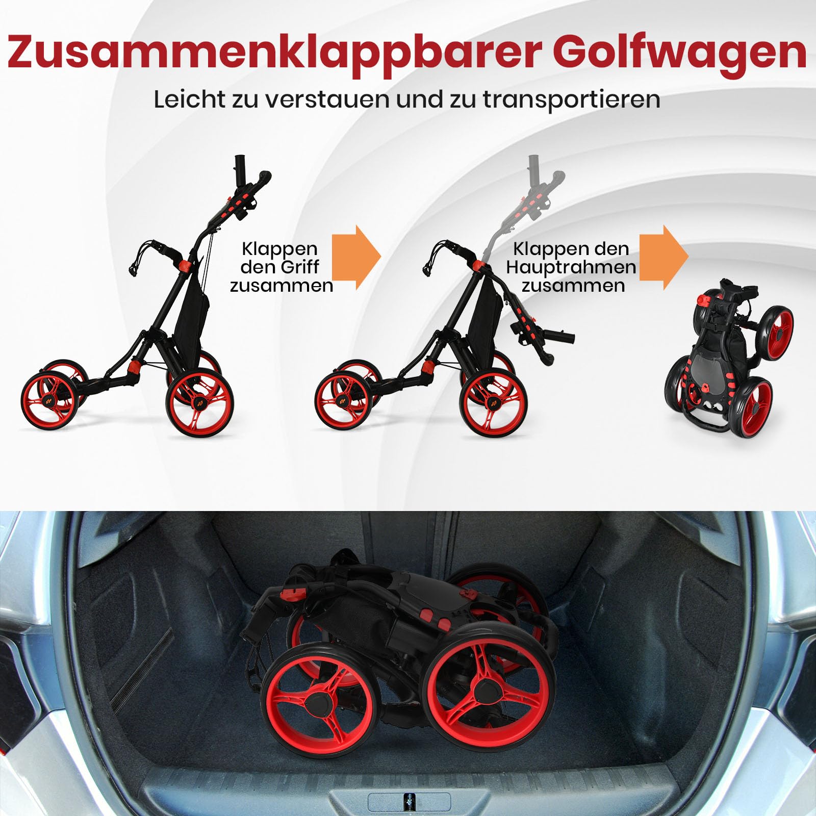 GOPLUS Wózek golfowy, 4 koła z regulowanym uchwytem, hamulec nożny, wózek golfowy, składany, z uchwytem na kartę wyników, parasol i napoje, torba do przechowywania, Golf Caddy Golf Push Cart